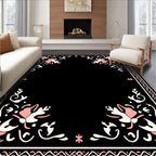 Black Pink Floral Border Art Rug