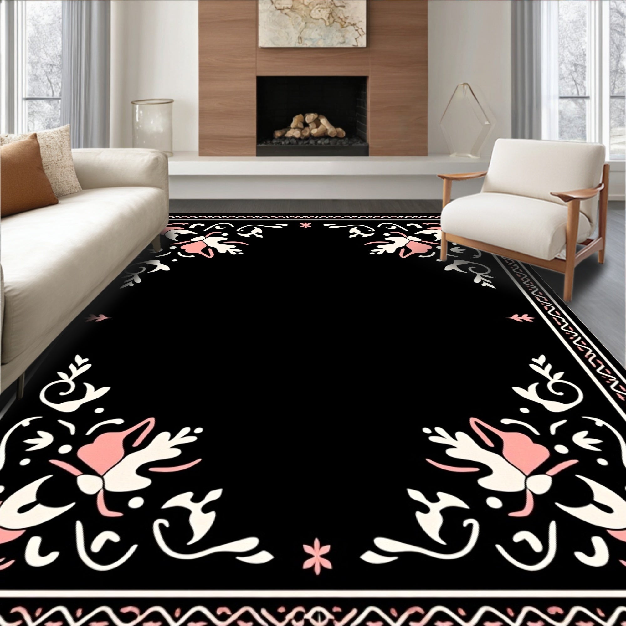 Black Pink Floral Border Art Rug