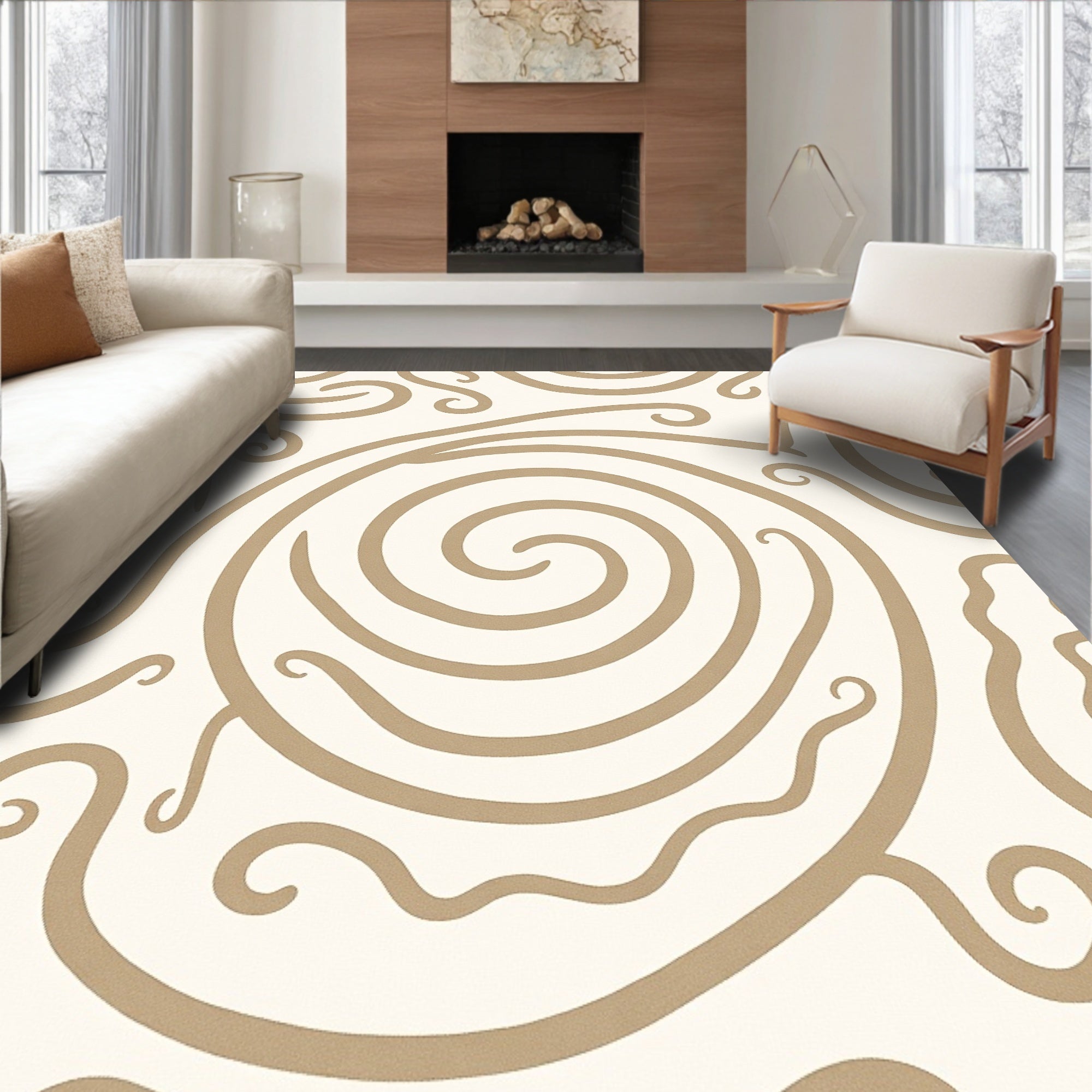 Beige Swirl Line Art Rug