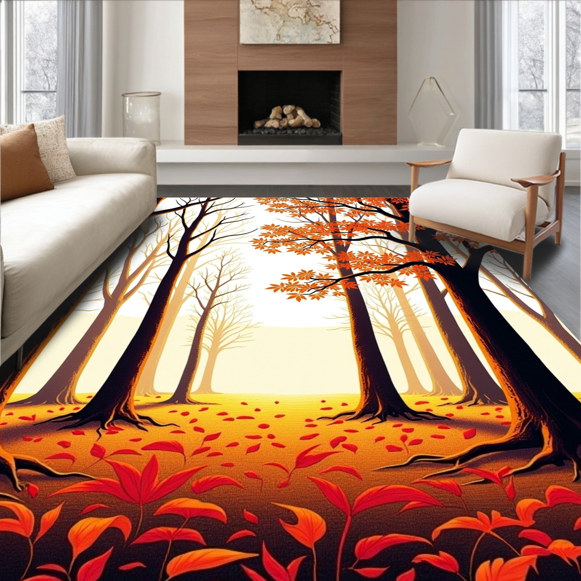 Autumn Forest Pattern Red Leaves Rug