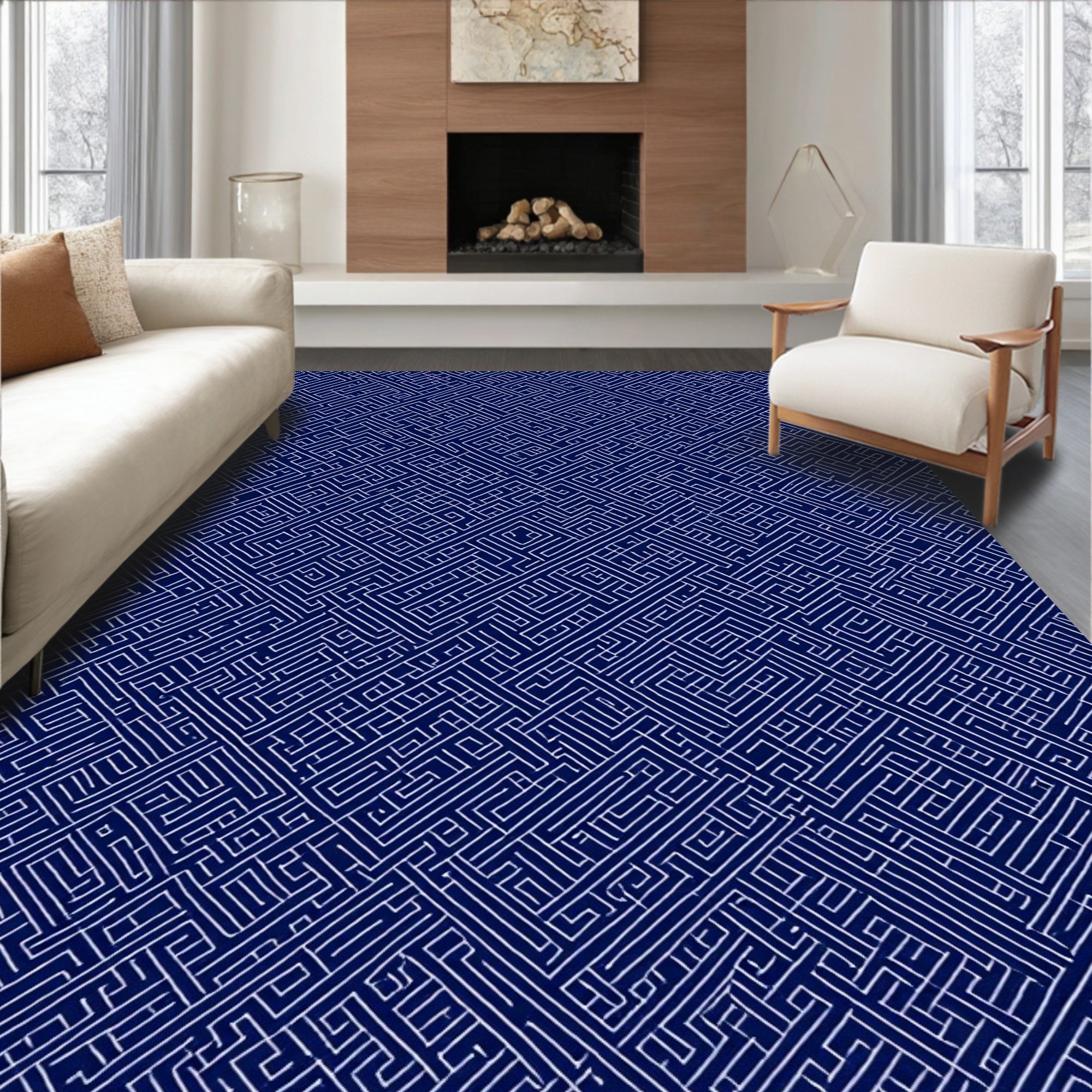Abstract Navy White Geometric Maze Rug