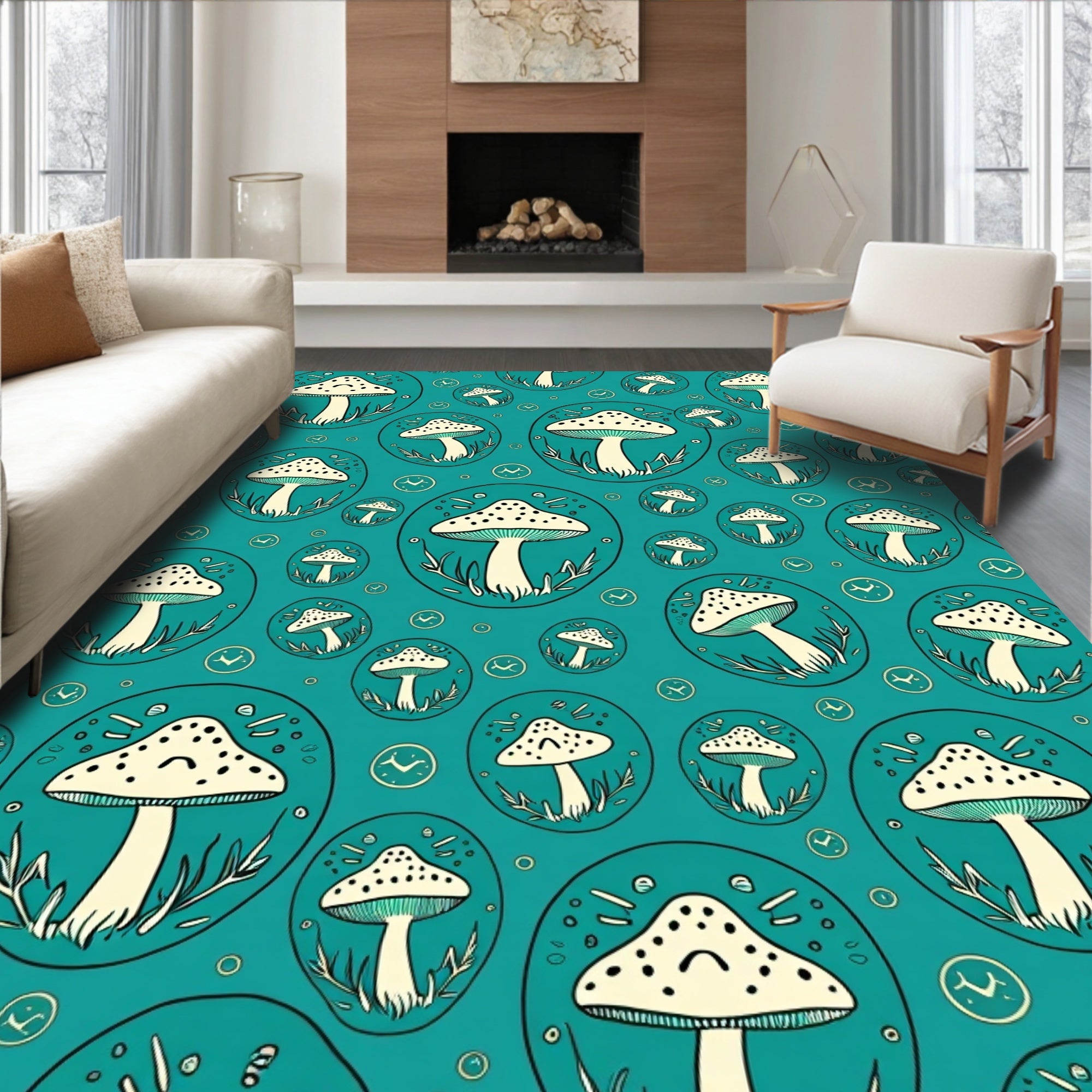 Whimsical Teal Mushroom Circle Collection Rug