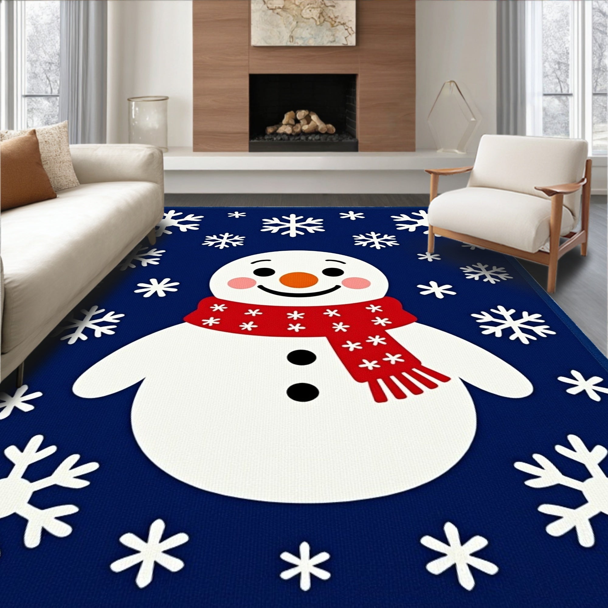 Joyful Snowman Red Scarf Snowflake Shower Rug