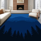 Deep Blue Mountain Forest Scene Rug