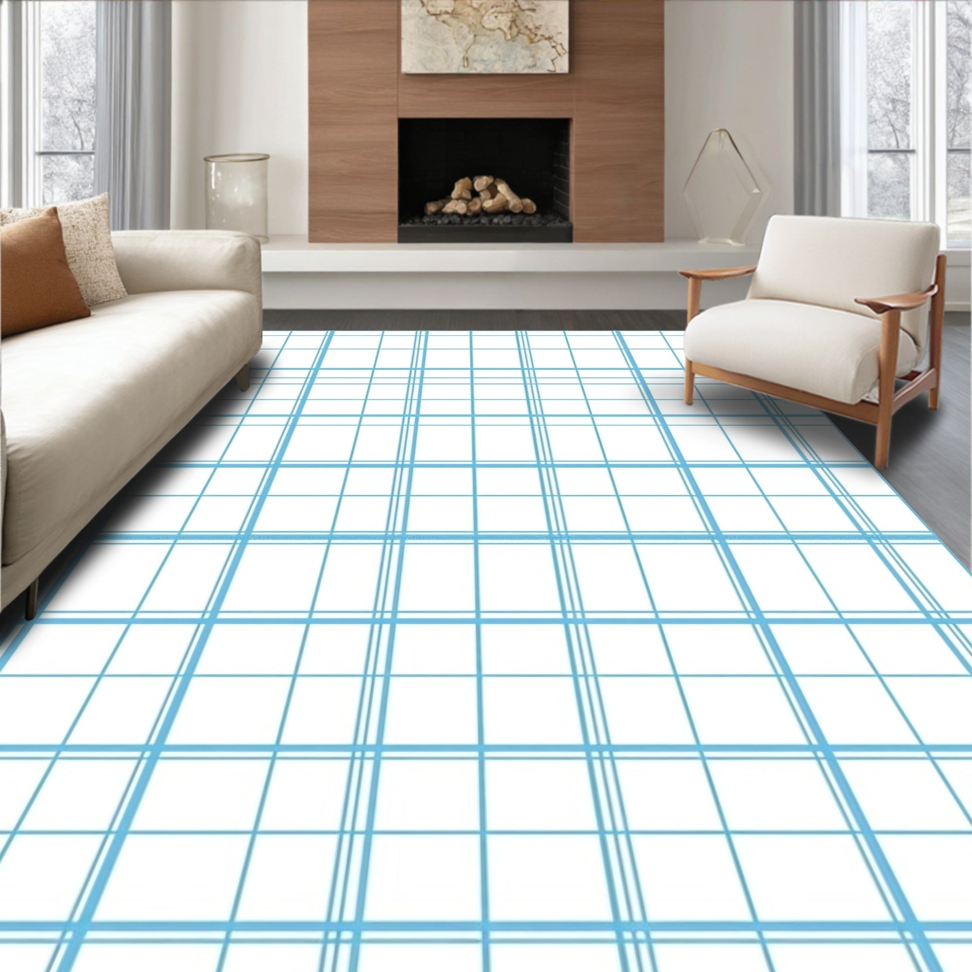 Classic Blue Grid Pattern Rug