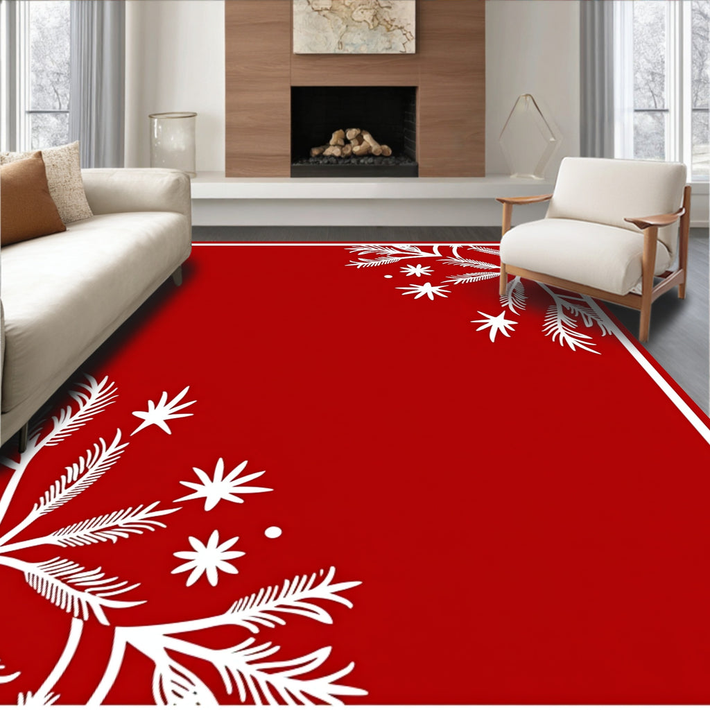Red White Leafy Snowflake Design Rug