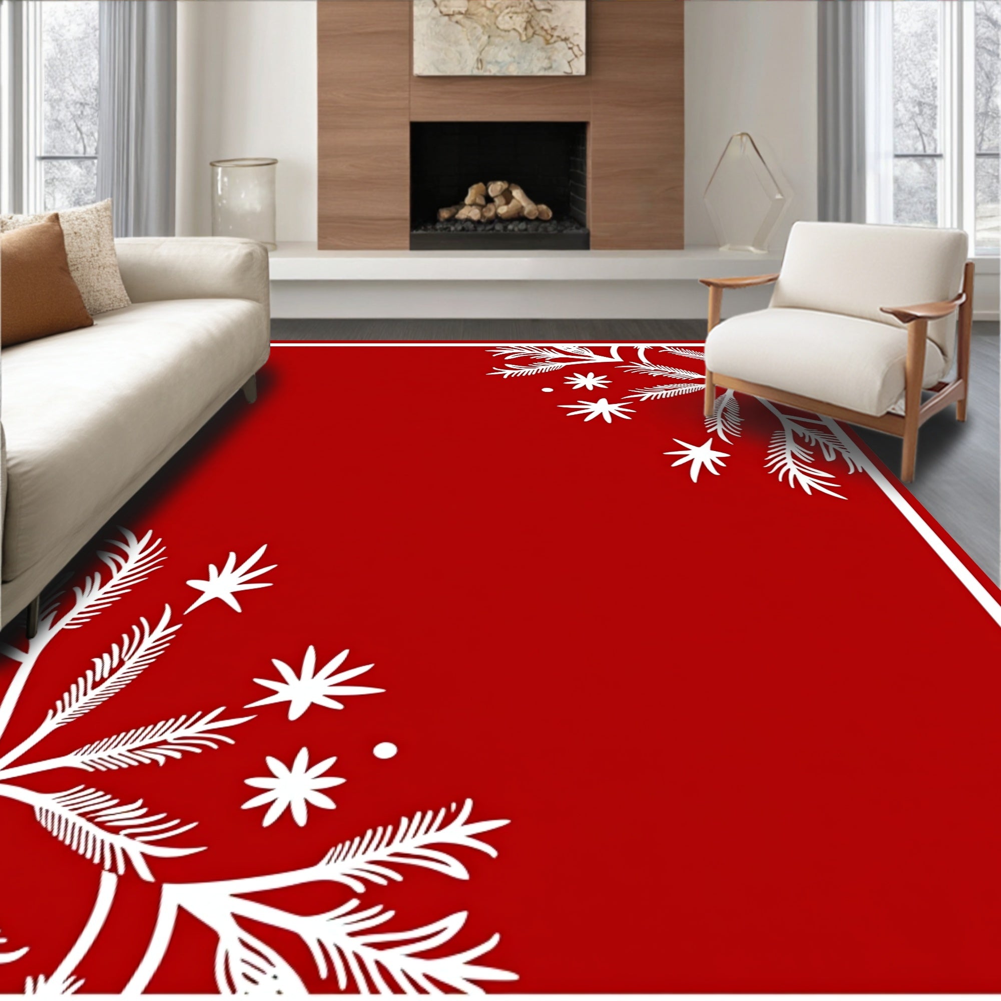 Red White Leafy Snowflake Design Rug