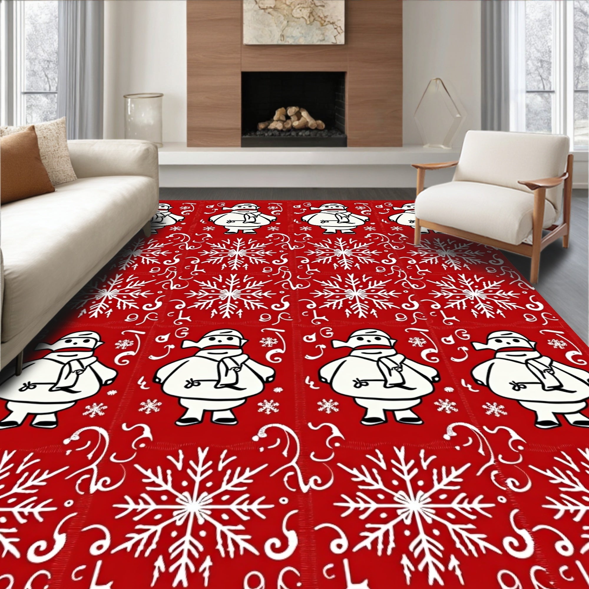 Snowman Snowflake Pattern Red Rug