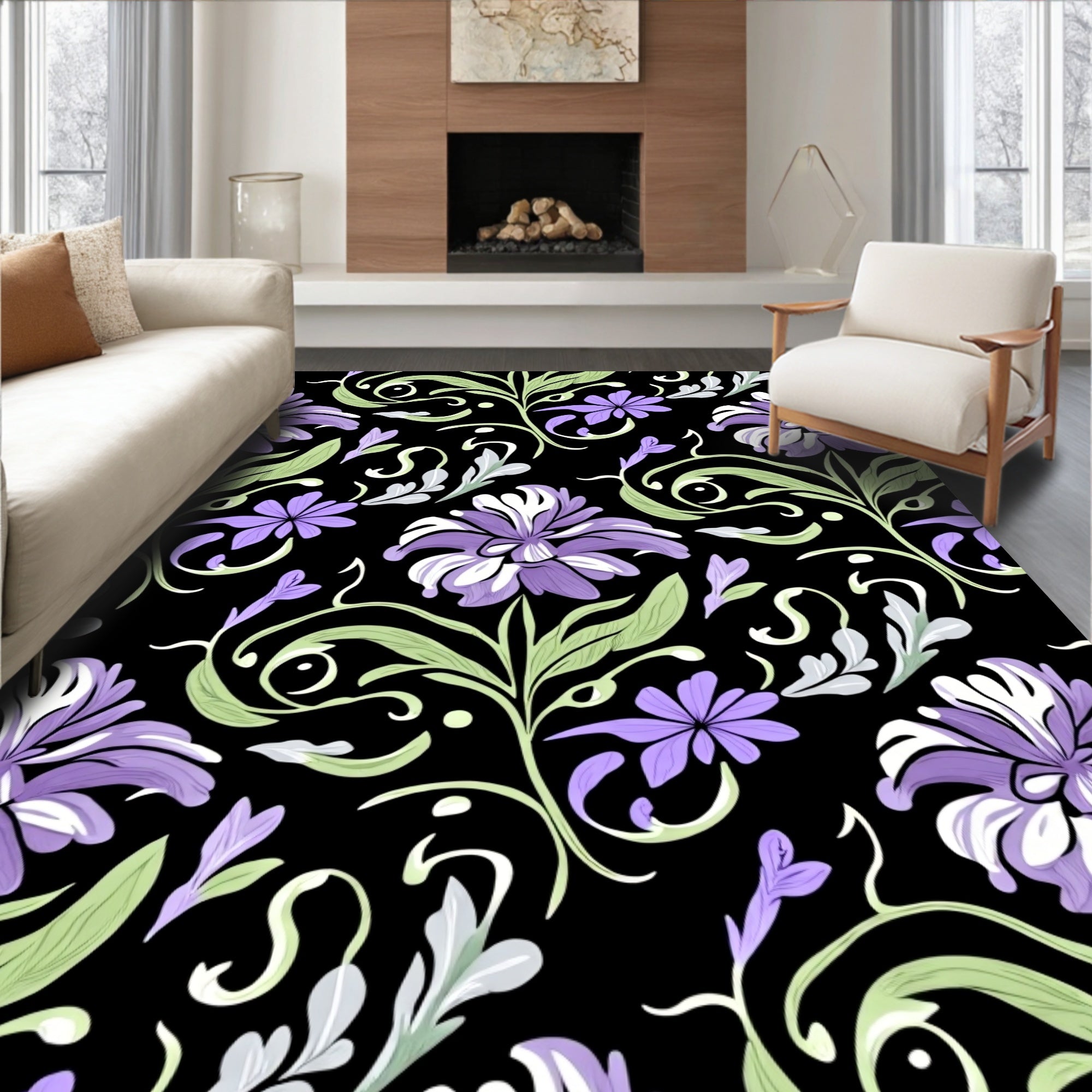 Elegant Purple Floral Swirls Rug