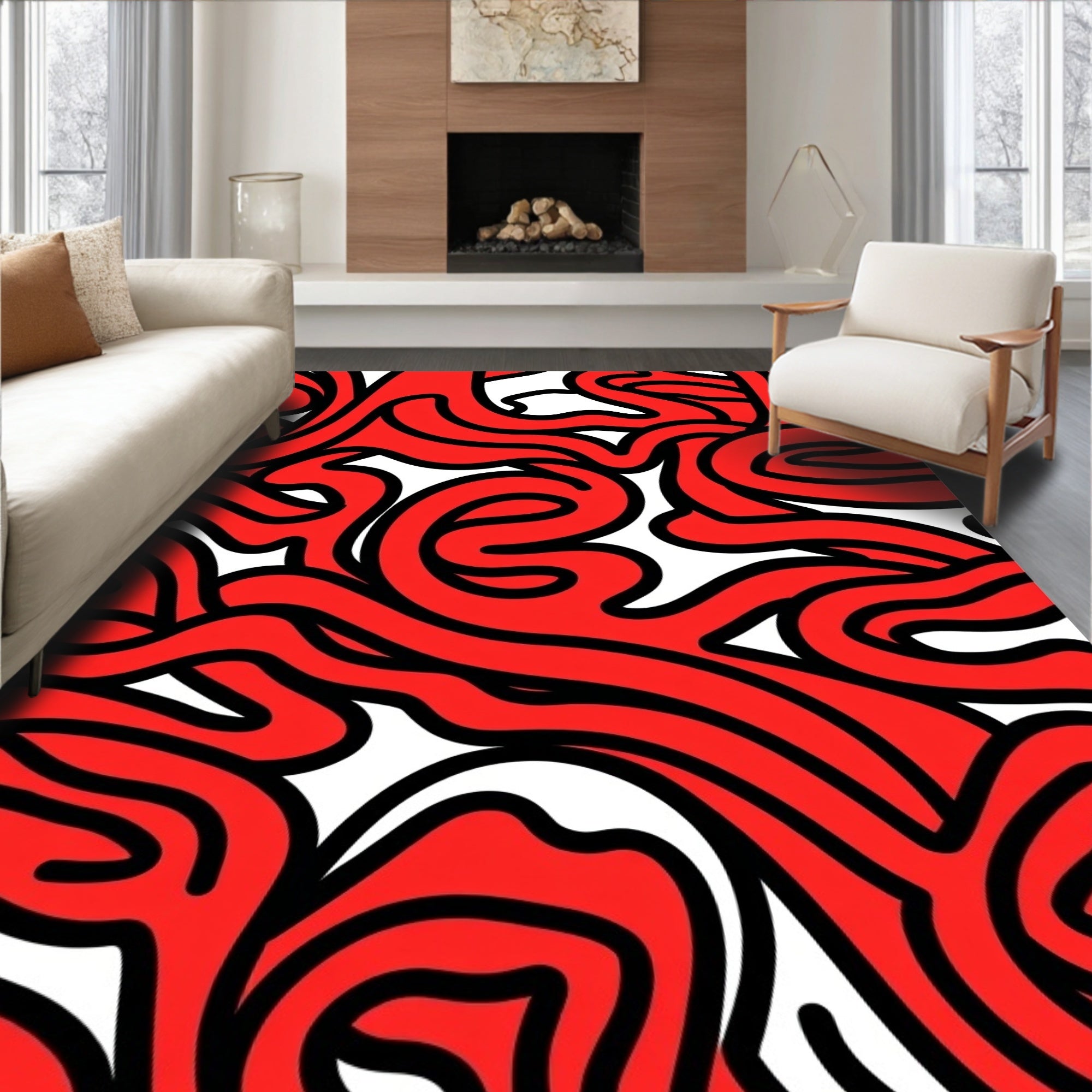 Bold Red Swirl Pattern Rug