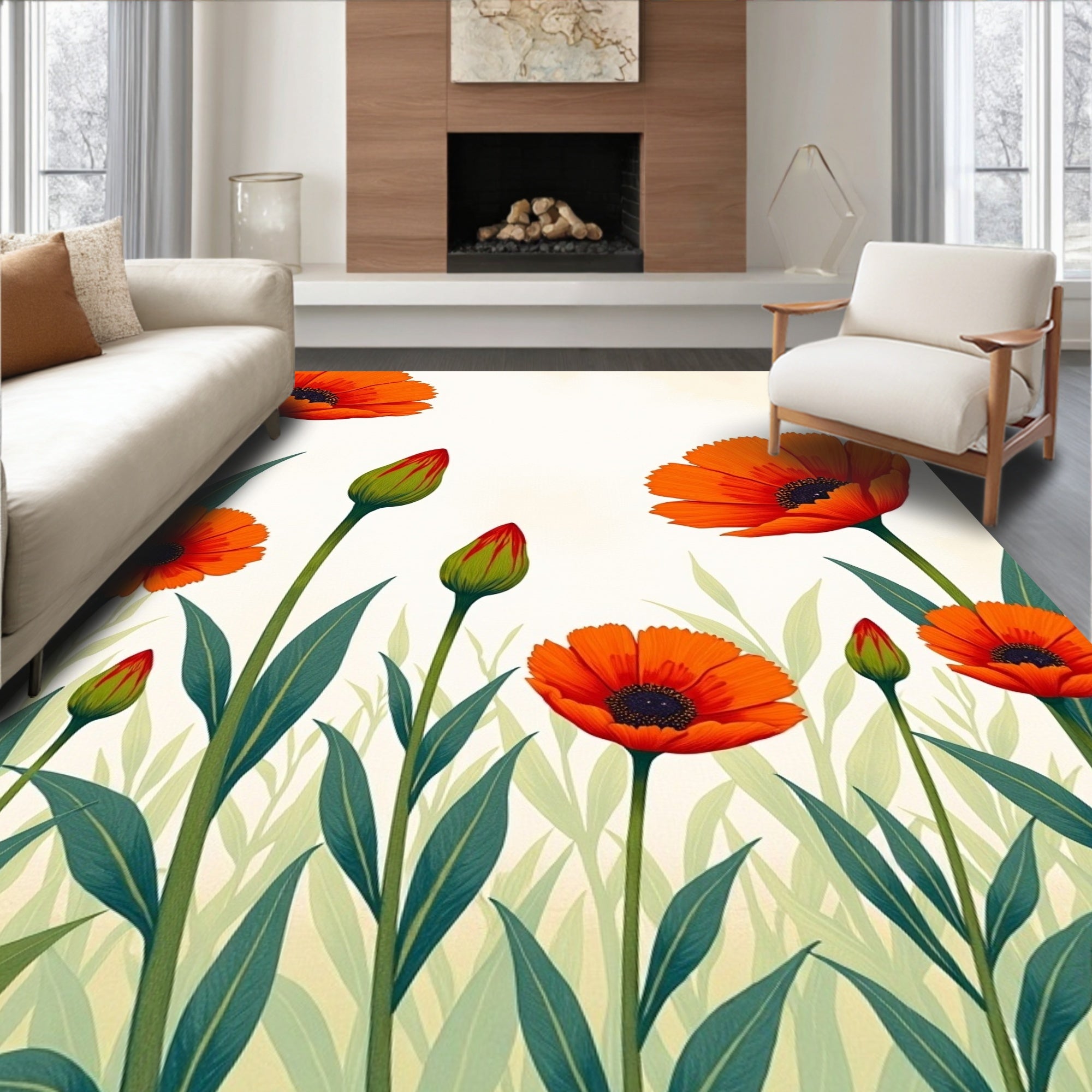 Vibrant Orange Floral Garden Design Rug