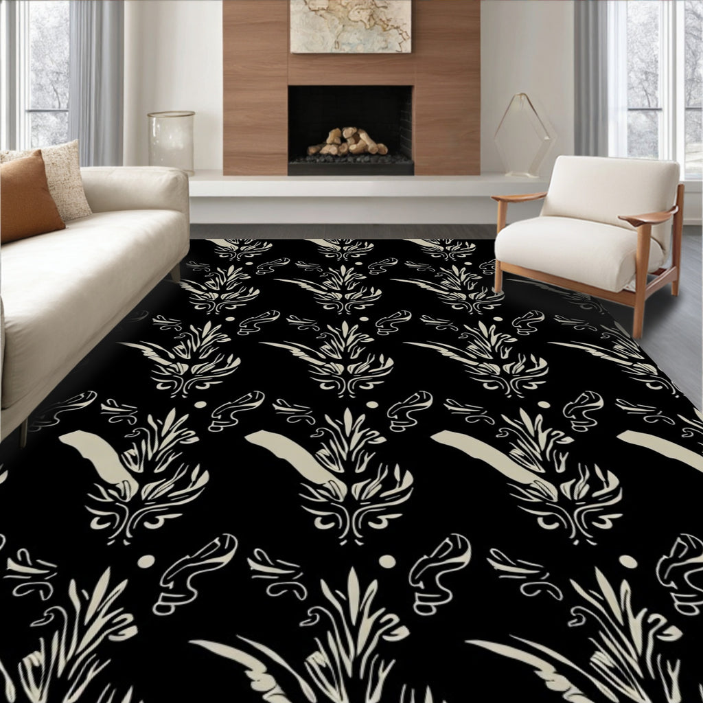 Vintage Black Beige Damask Pattern Rug