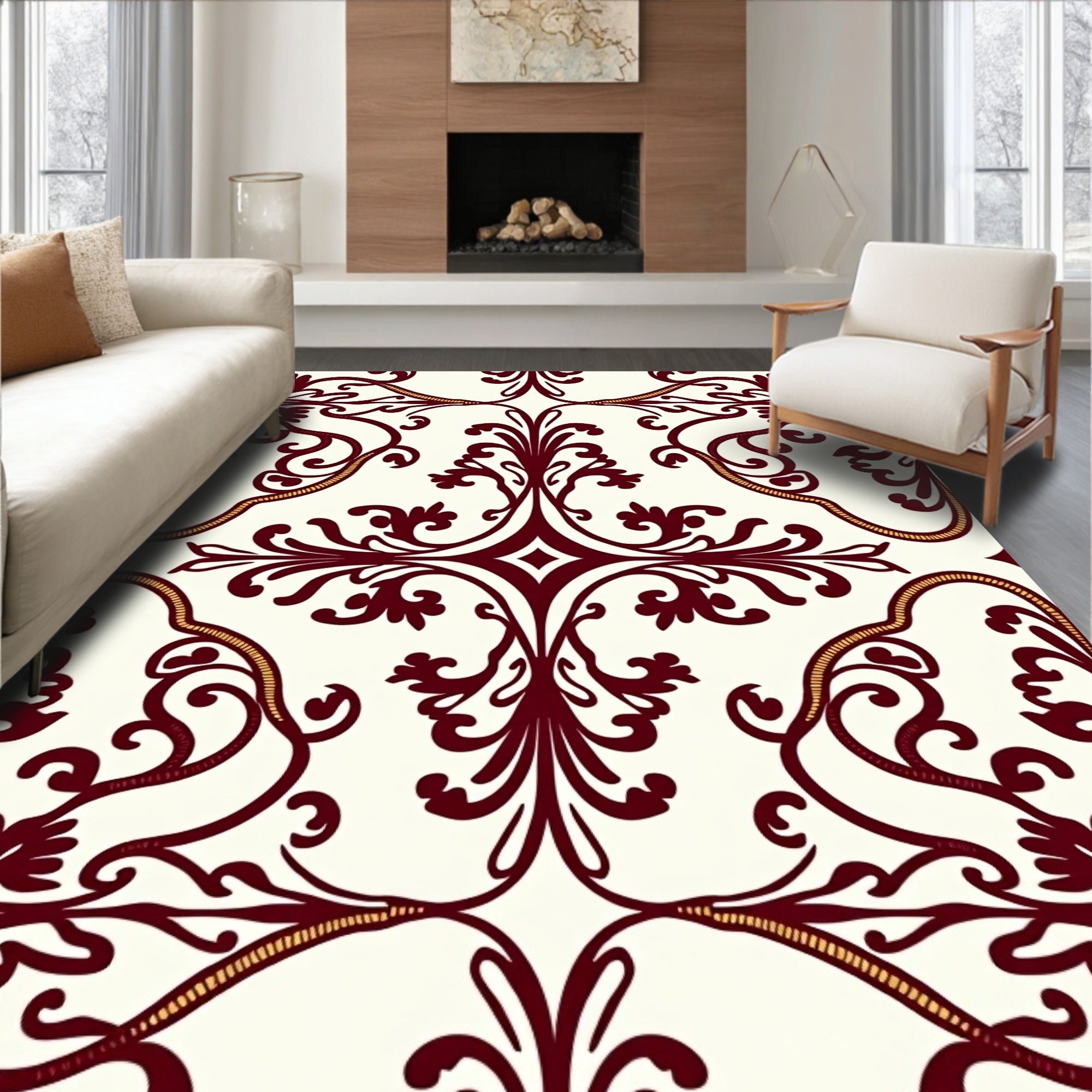 Rich Burgundy Classic Floral Damask Rug