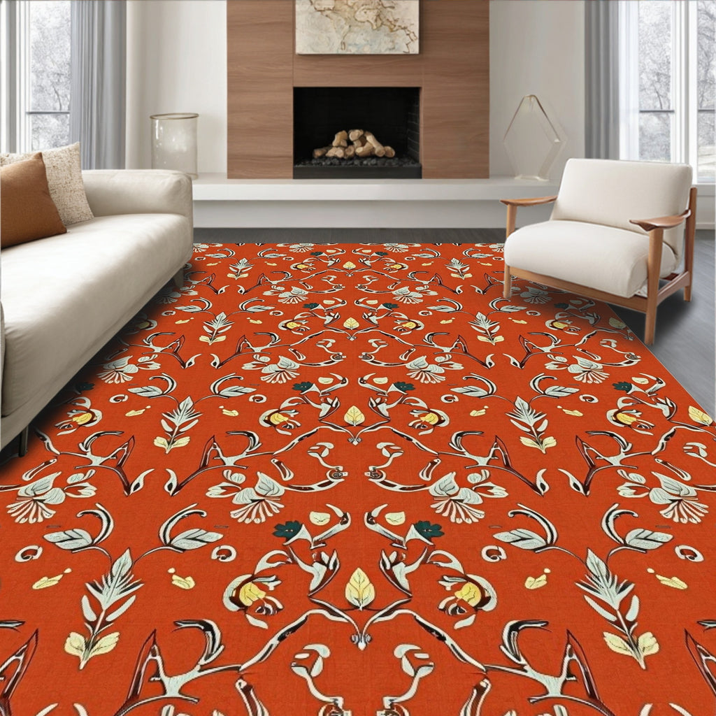 Ornate Floral Symmetry Orange Rug