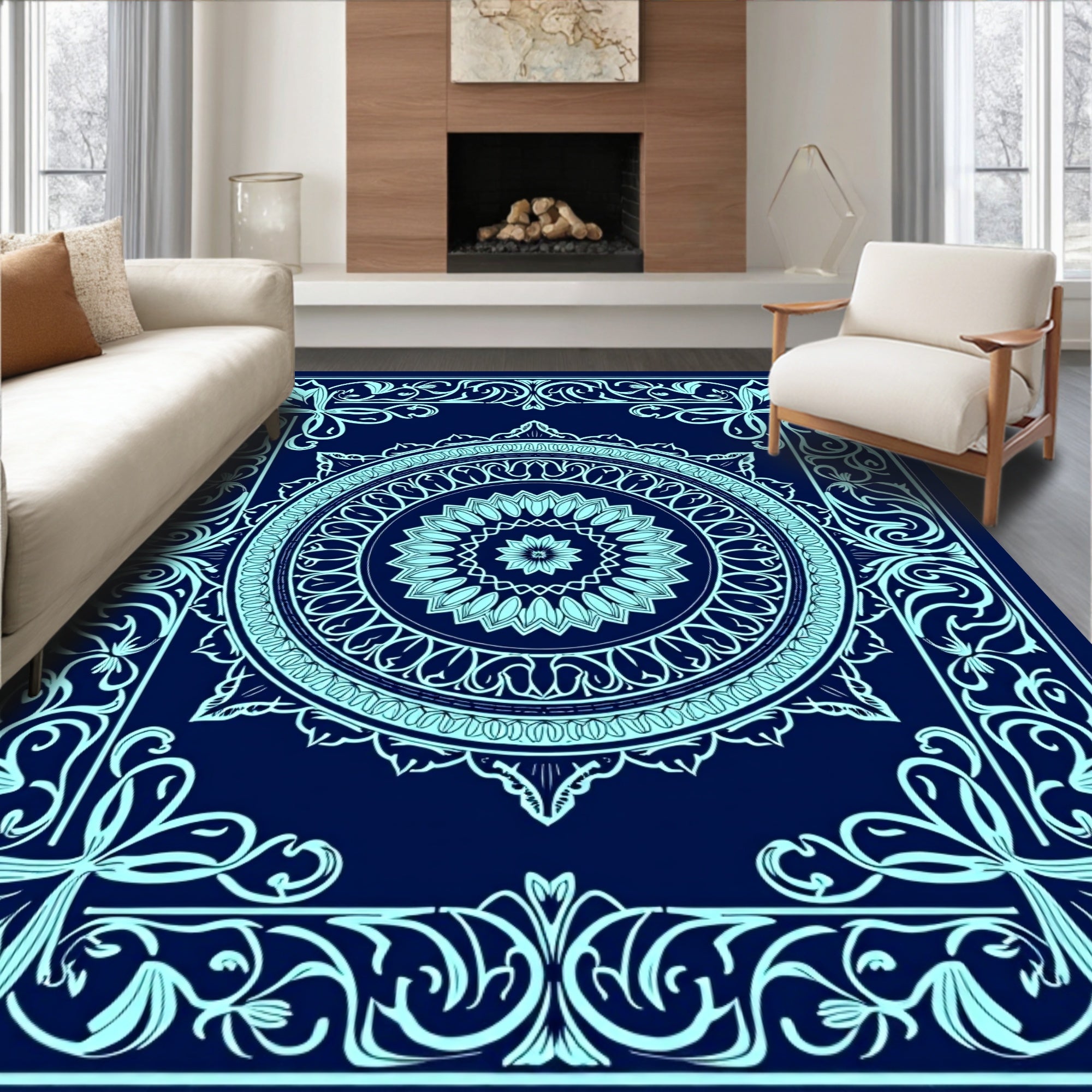 Intricate Floral Mandala Cyan Pattern Rug