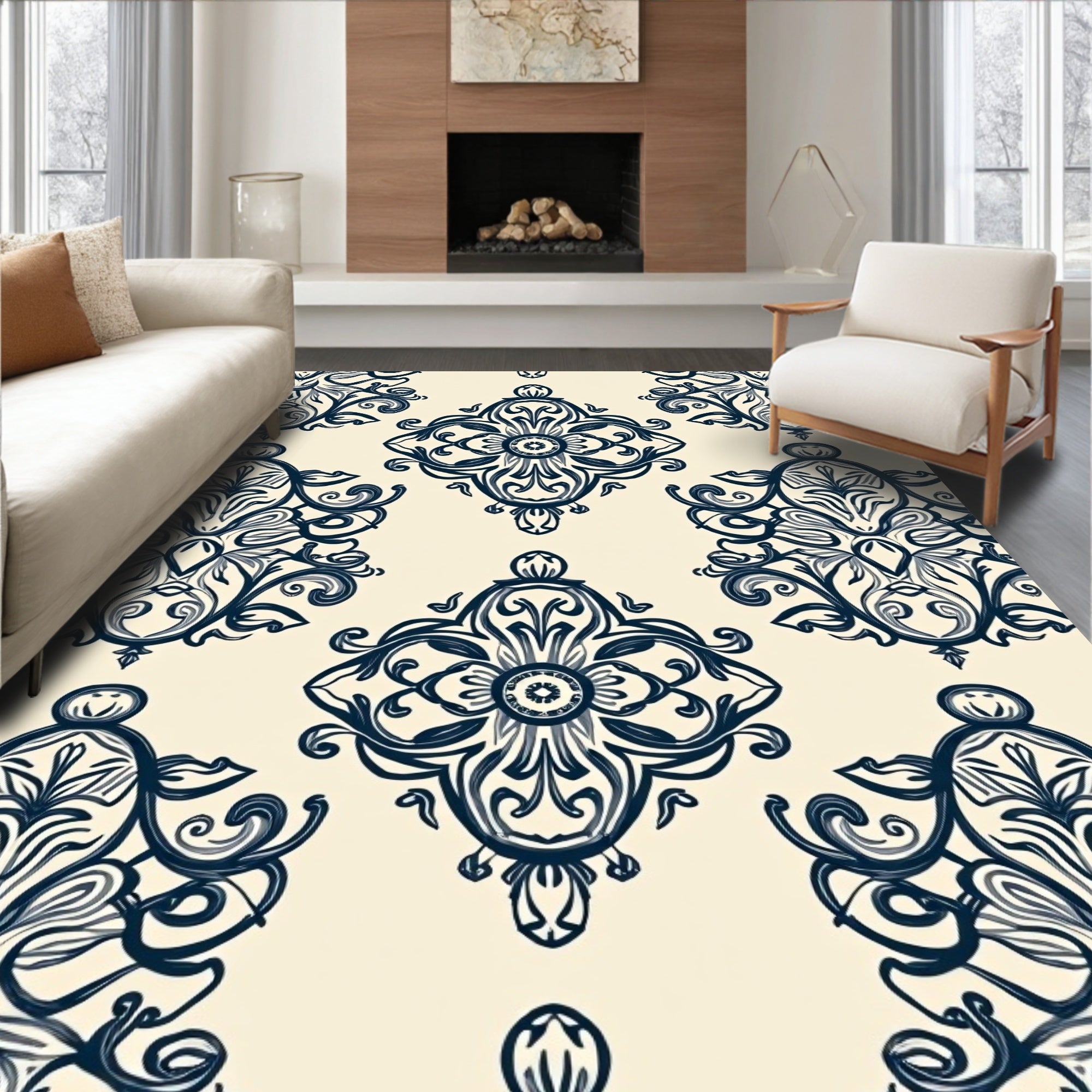 Damask Floral Symmetry Pattern Rug