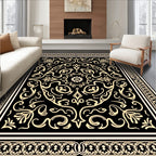 Ornate Black Gold Scrollwork Pattern Rug