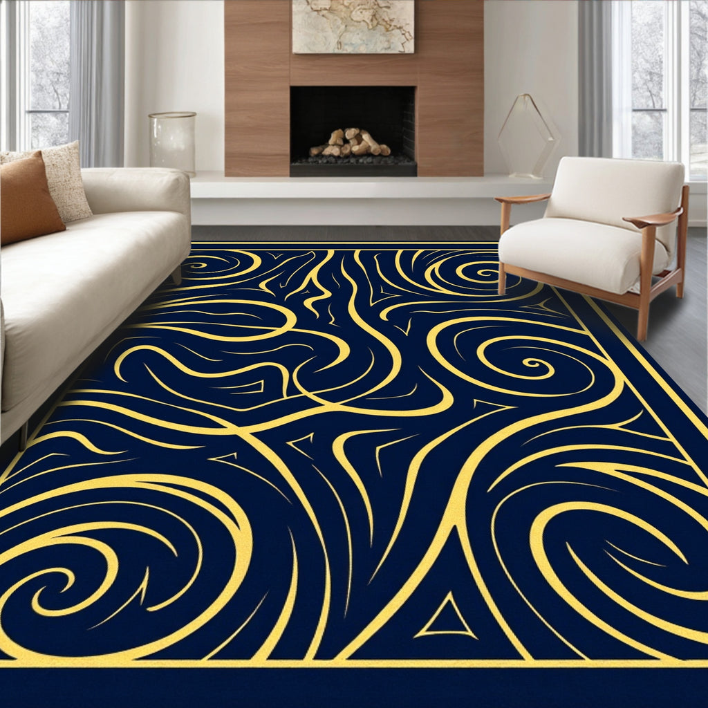 Abstract Swirls Blue Gold Design Rug