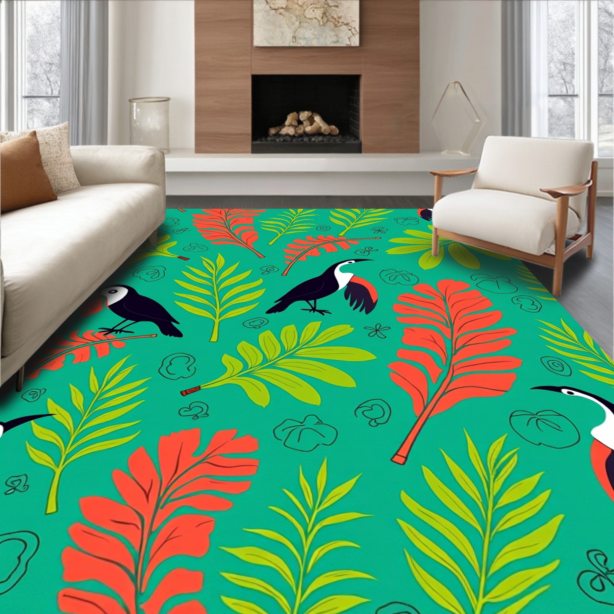 Tropical Toucan Leaf Pattern Design Rug