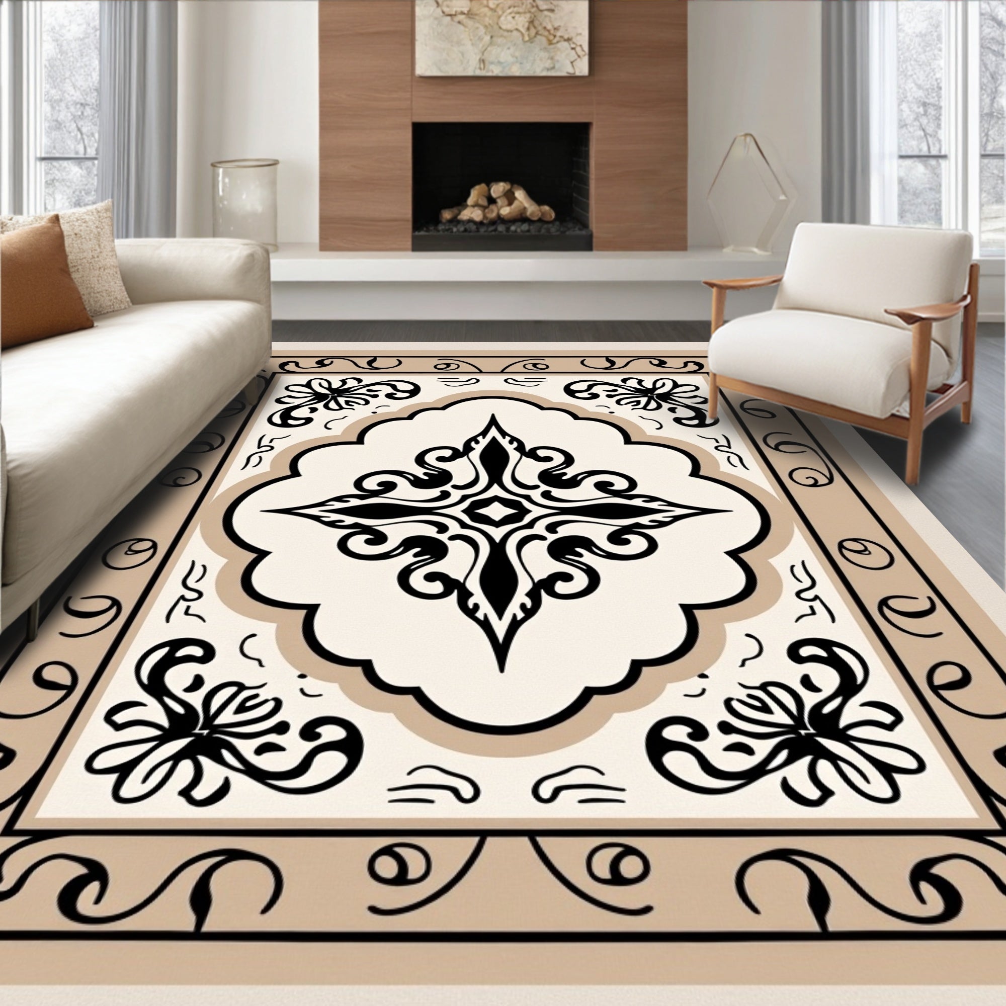 Ornate Black and Tan Medallion Rug