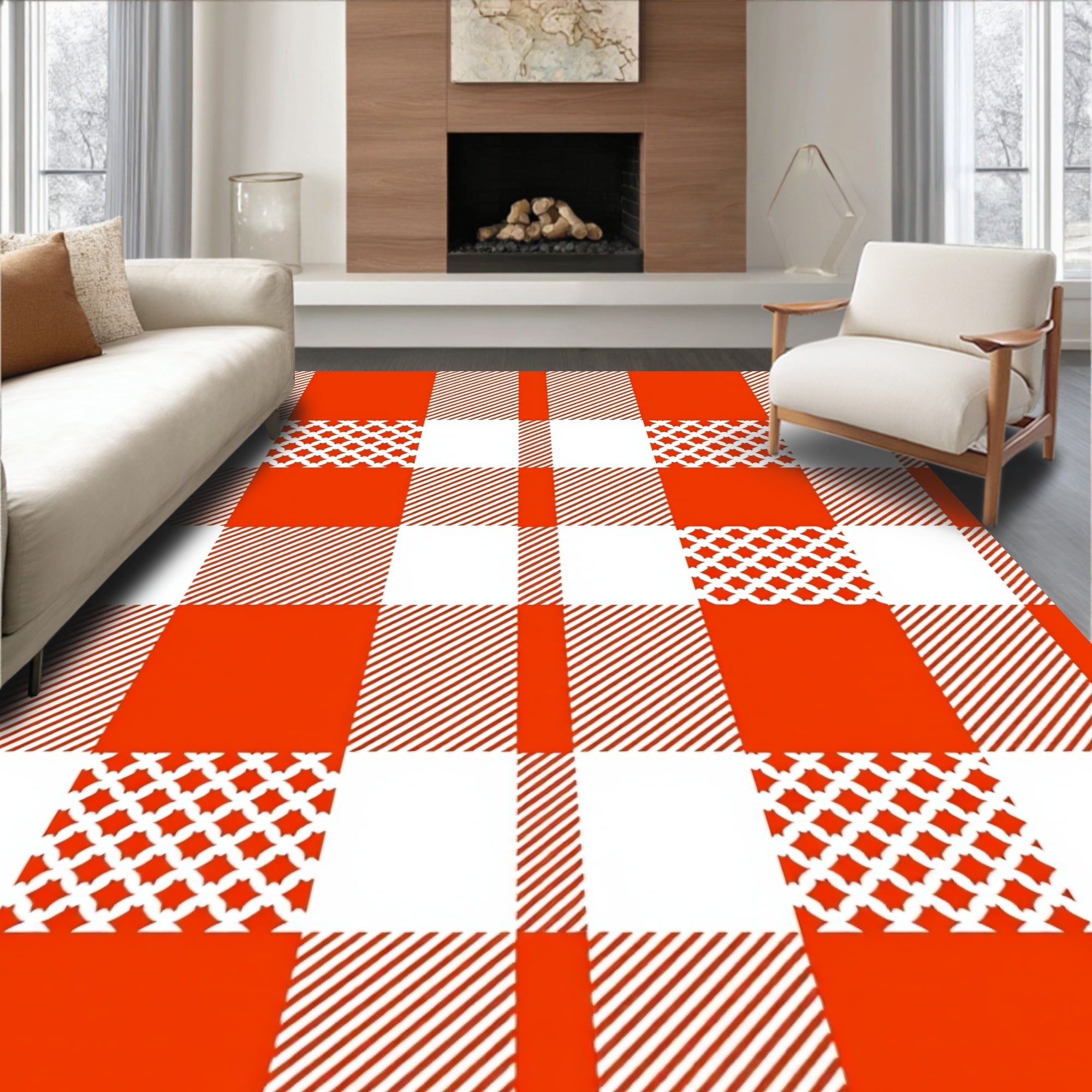 Orange White Tartan Pattern Rug