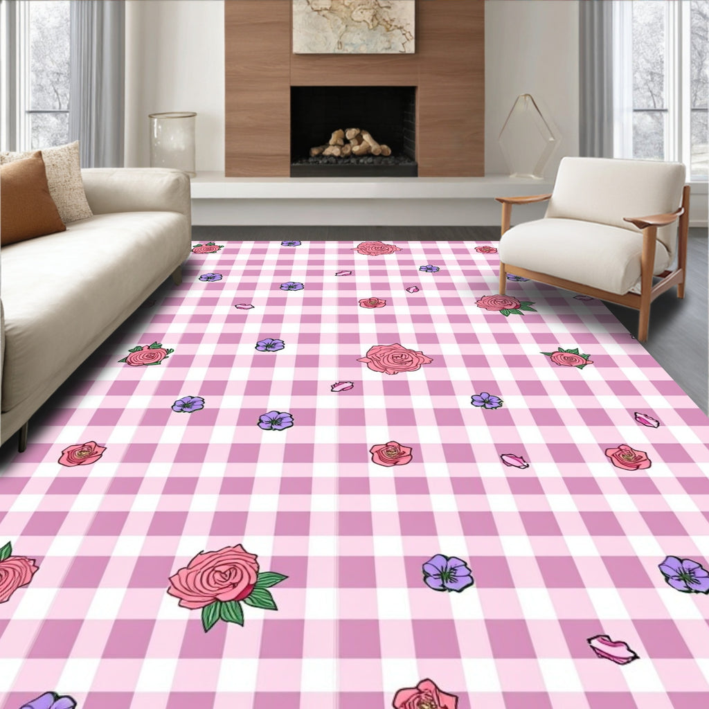 Pink Rose Gingham Pattern Rug
