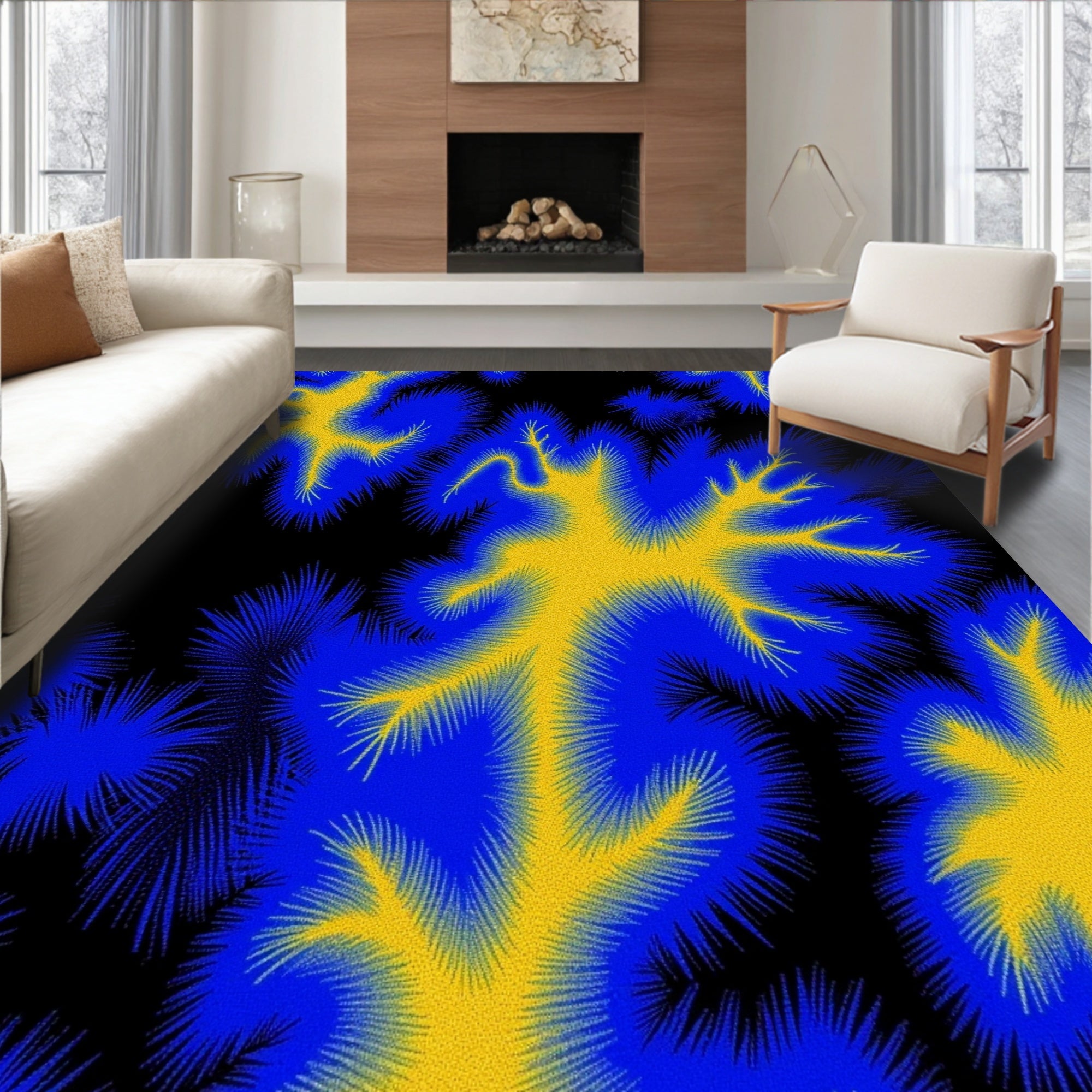Abstract Blue Yellow Tree Pattern Rug