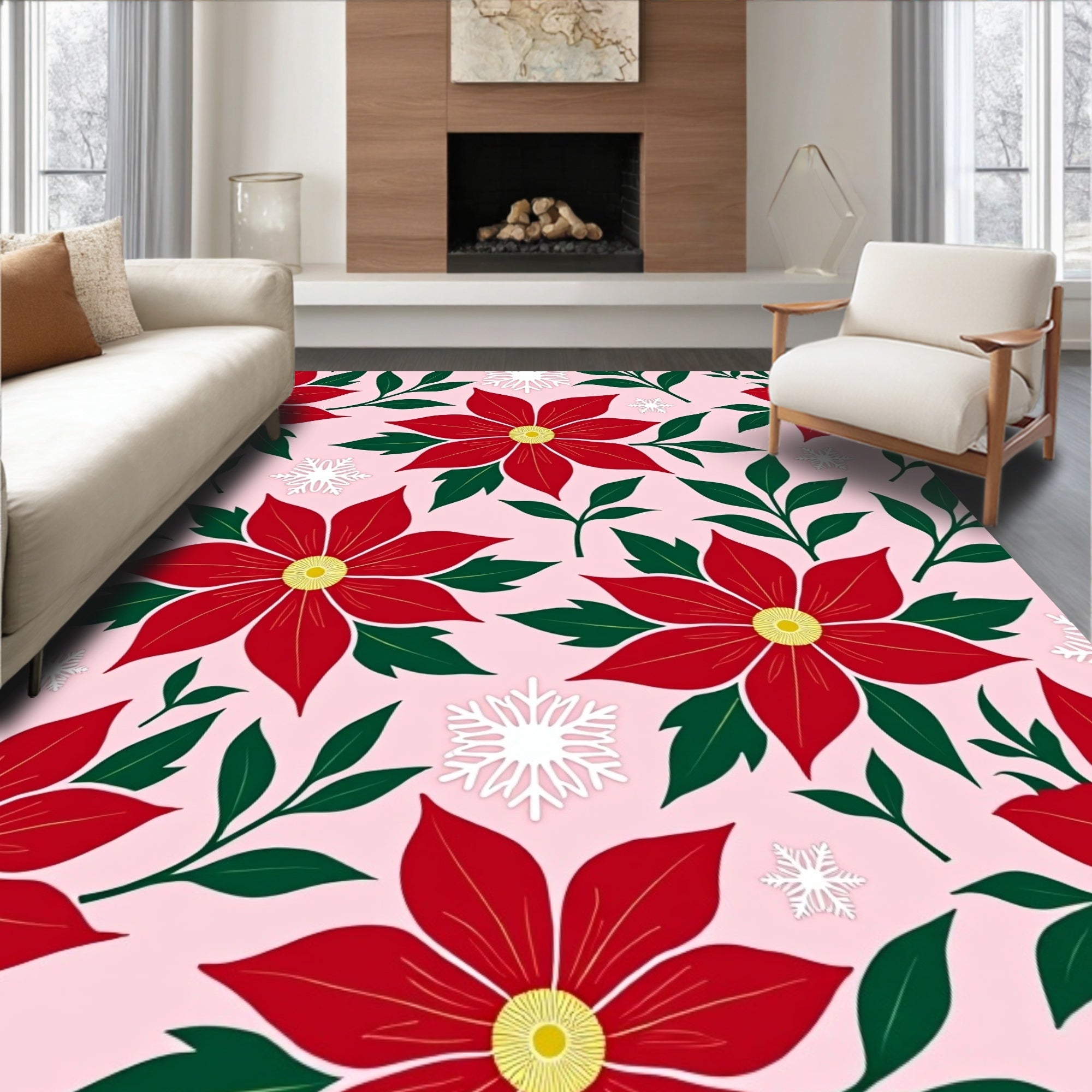 Red Flower Snowflake Pattern Design Rug