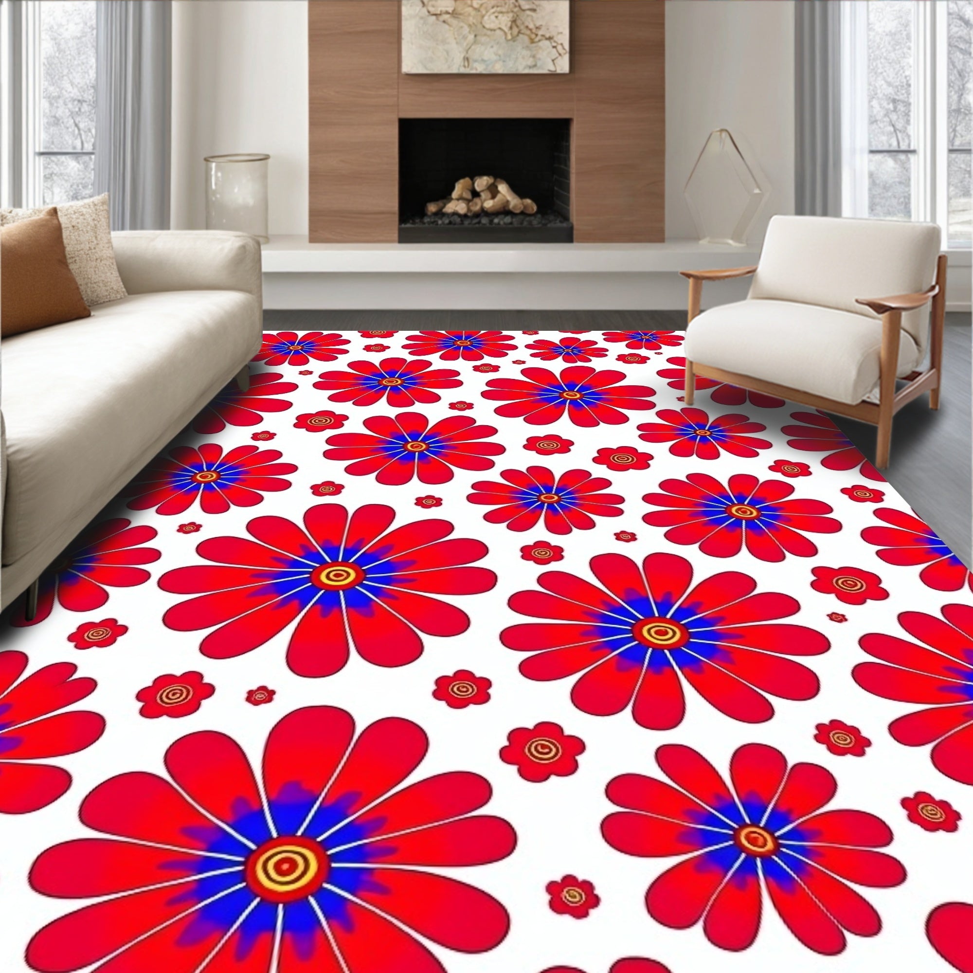 Bright Red Blue Daisy Floral Pattern Rug