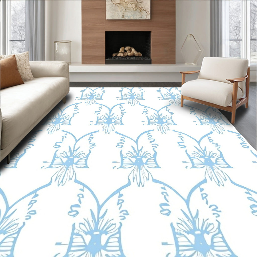 Light Blue Floral Damask Pattern Rug