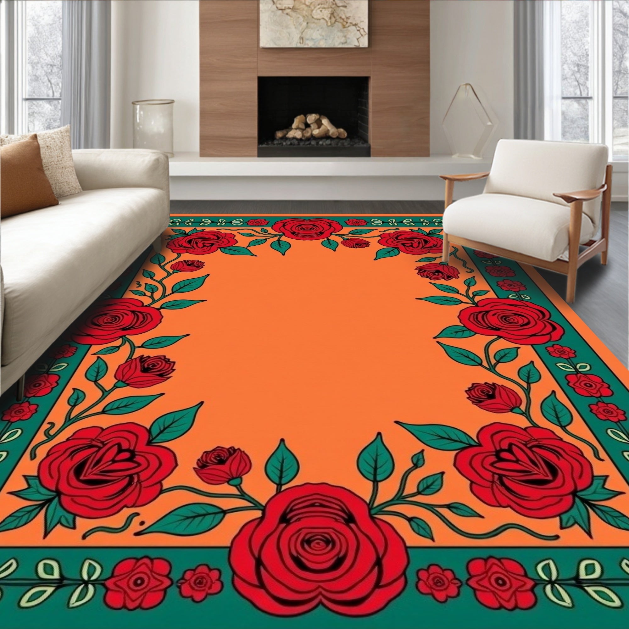 Bold Red Rose Floral Pattern Rug
