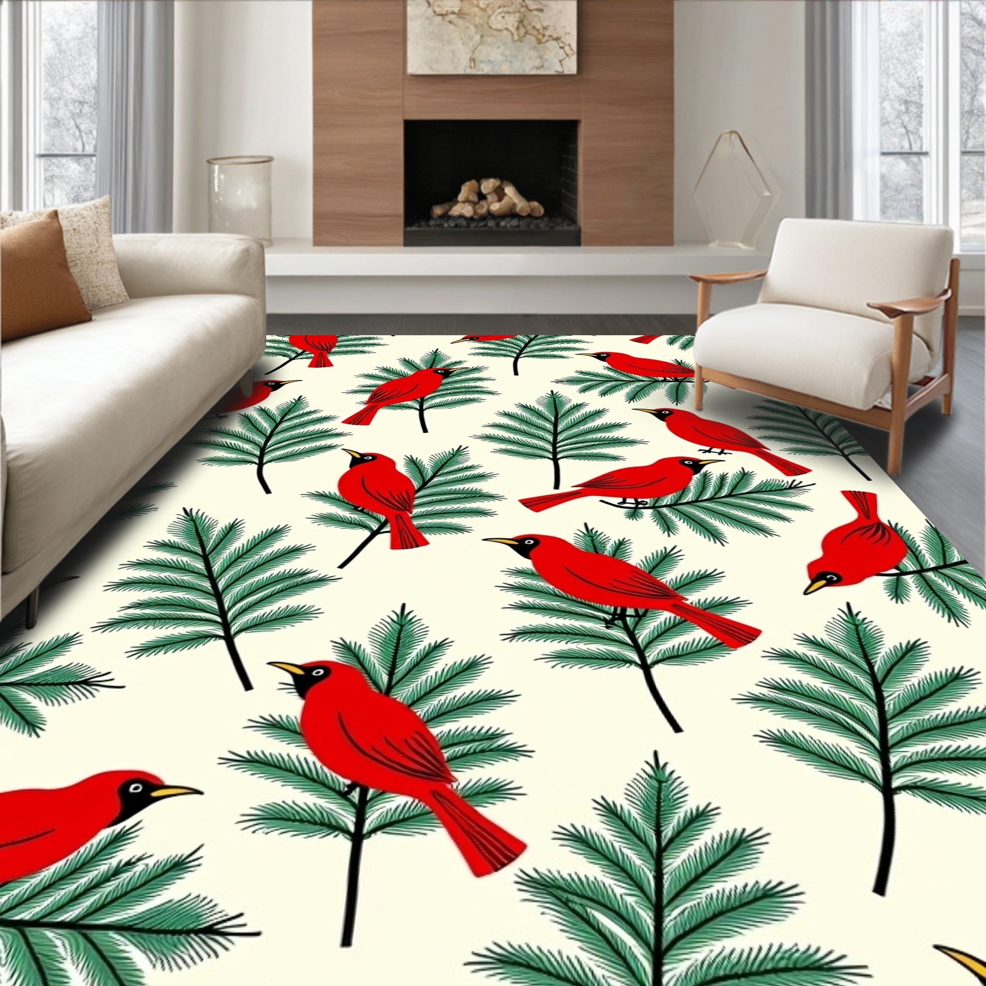 Red Birds On Evergreen Branches Rug