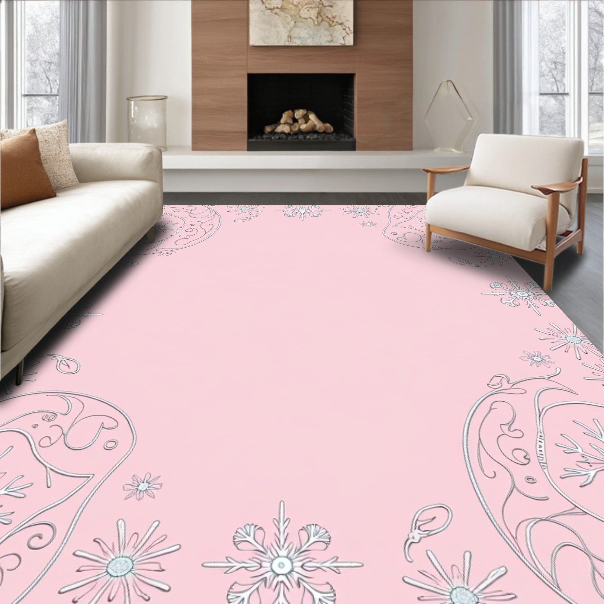 Pink Snowflake Swirl Border Elements Rug