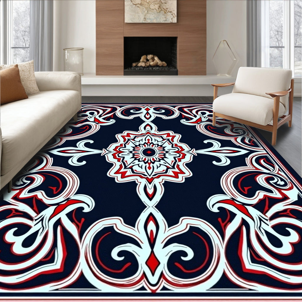Ornate Red White Blue Floral Pattern Rug