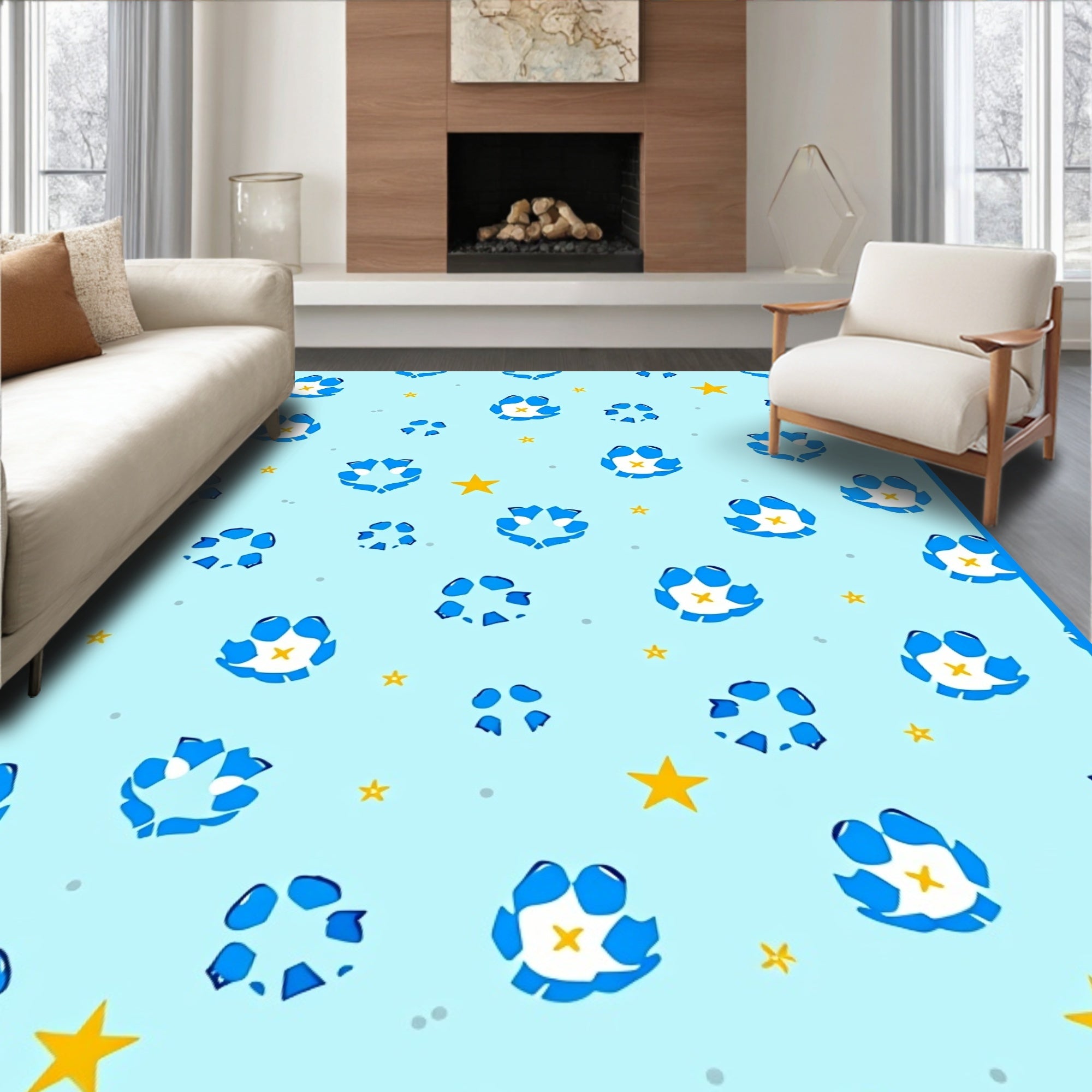 Blue Floral Patterned Light Aqua Rug