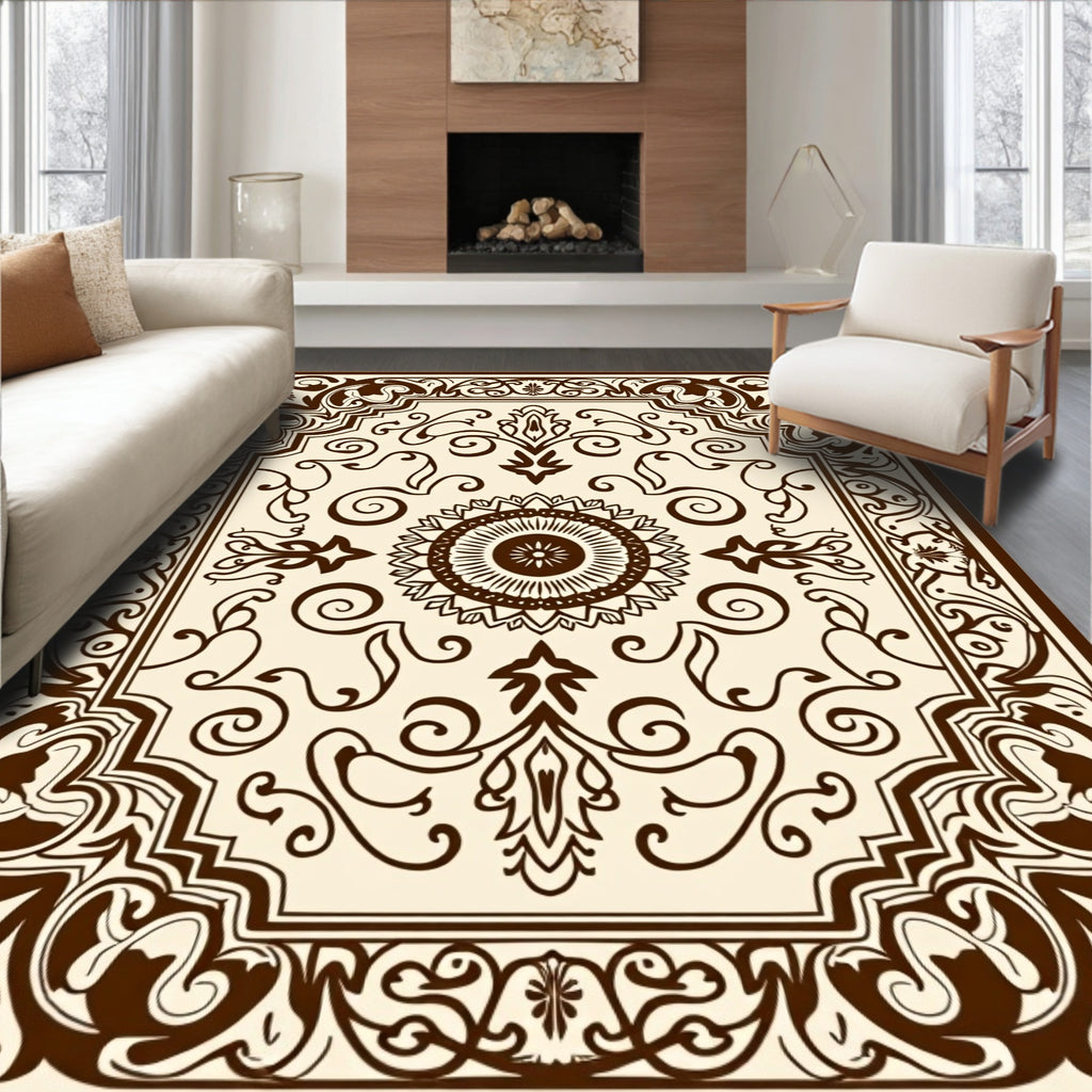 Rich Brown Scrolled Floral Pattern Rug