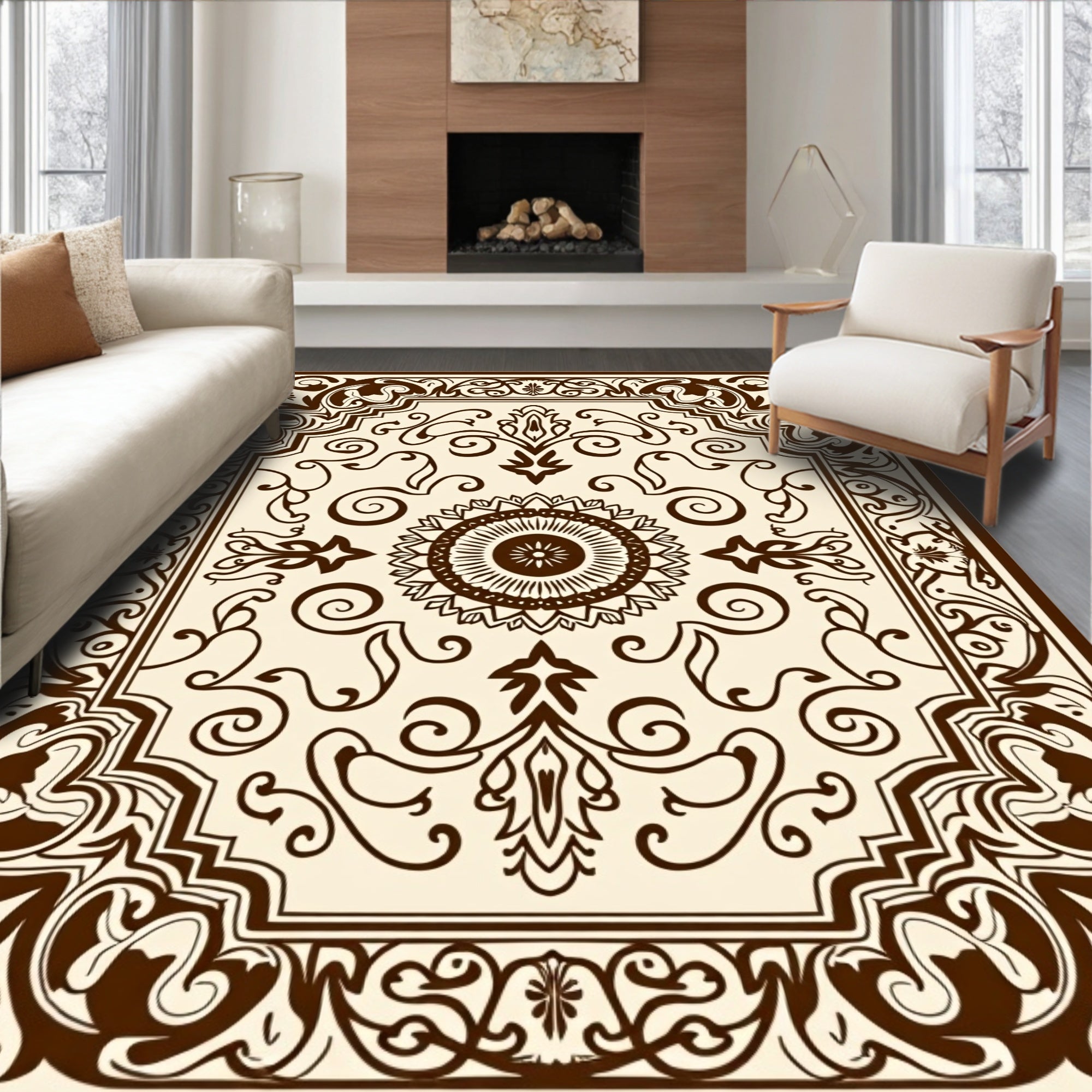 Rich Brown Scrolled Floral Pattern Rug