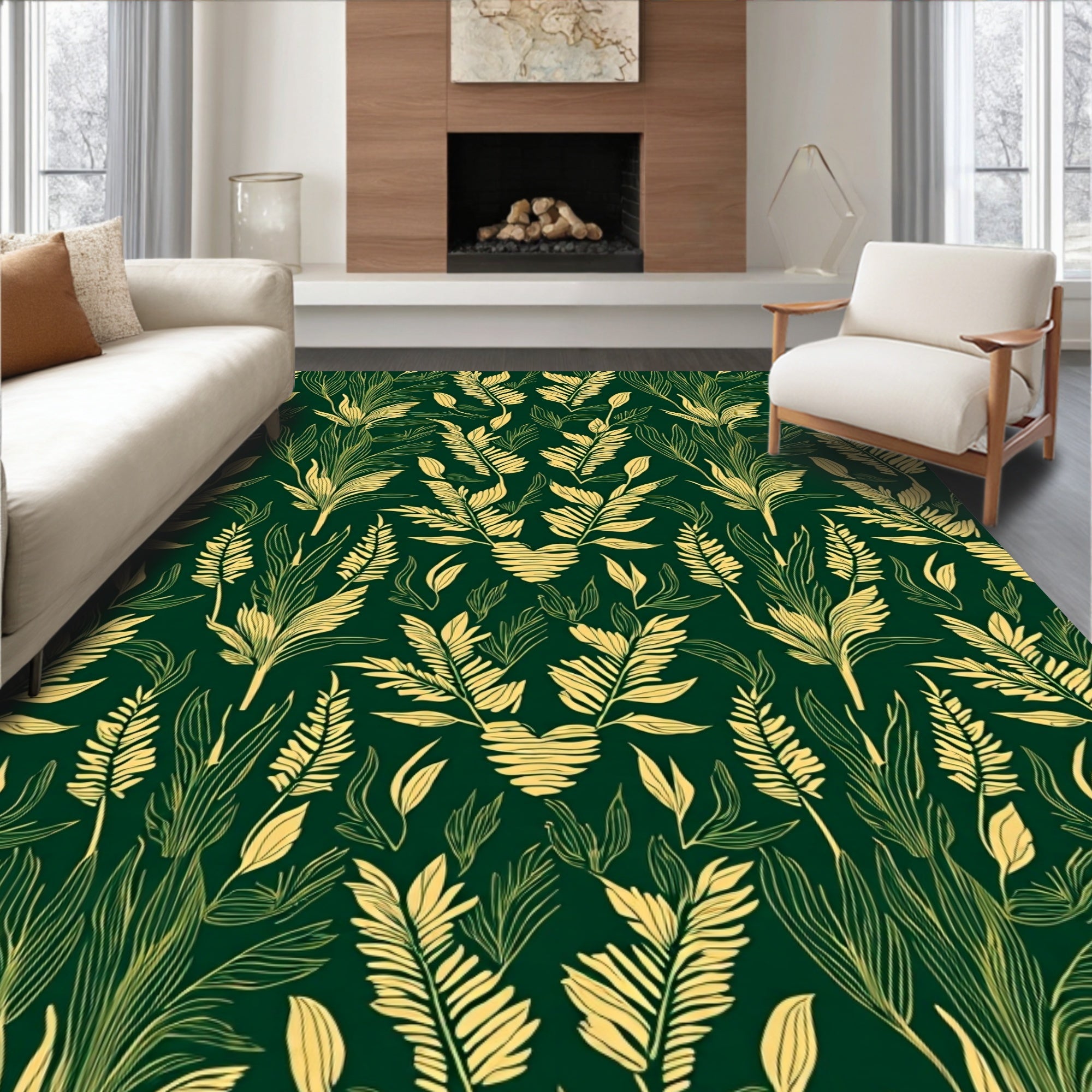 Golden Leaf Patterned Deep Green Rug