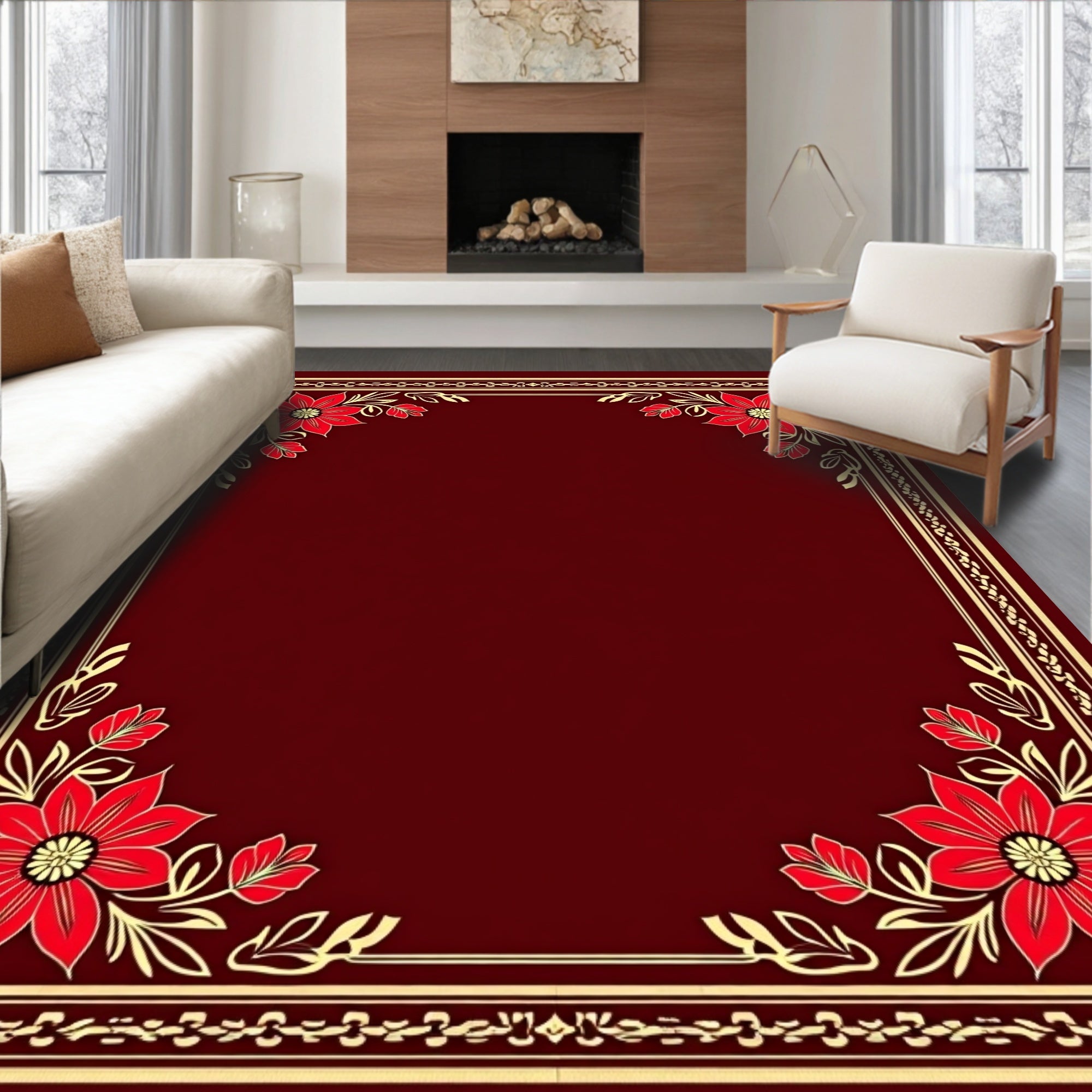Ornate Red Floral Frame Design Rug