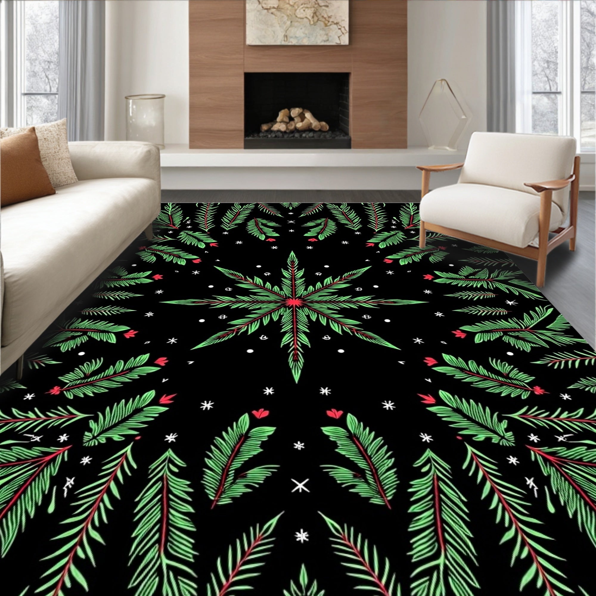 Festive Green Pinecone Starburst Abstraction Rug