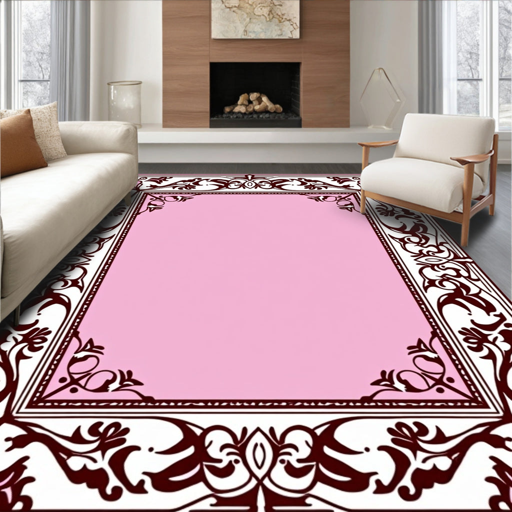 Pink Vintage Floral Scroll Pattern Rug