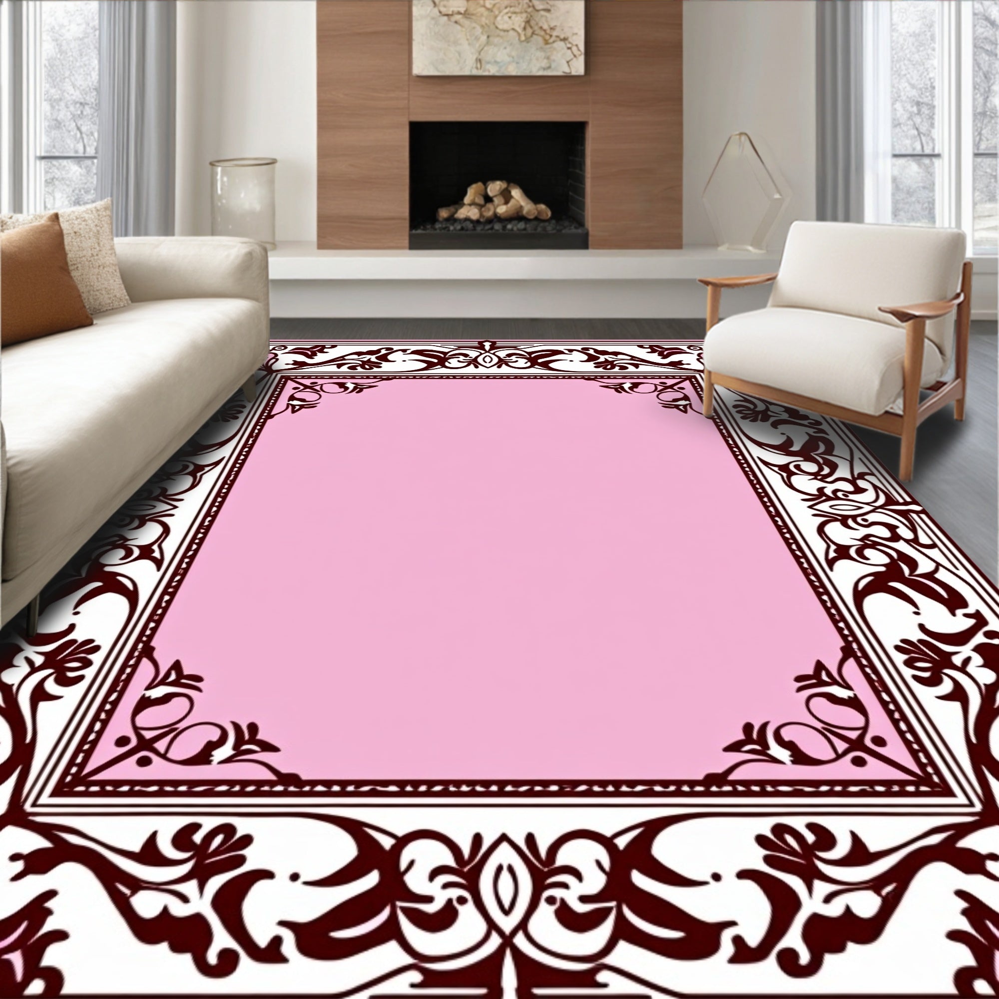 Pink Vintage Floral Scroll Pattern Rug