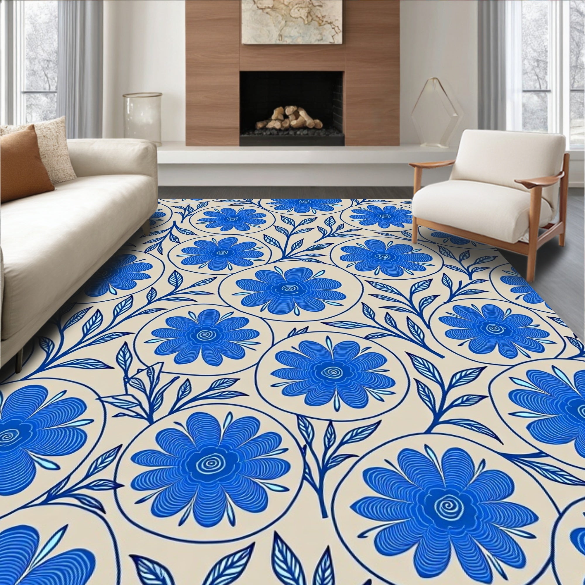Bold Blue Floral Pattern Rug