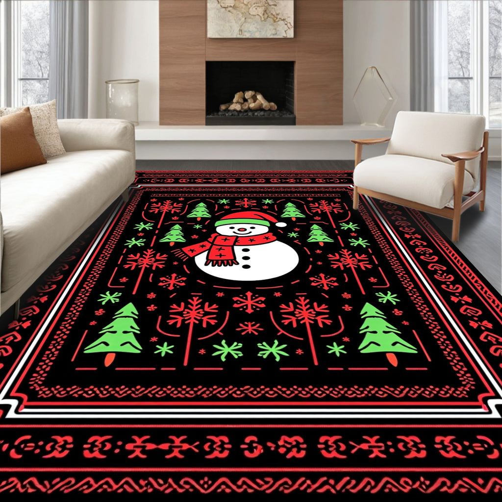 Festive Snowman and Trees Holiday Rug
