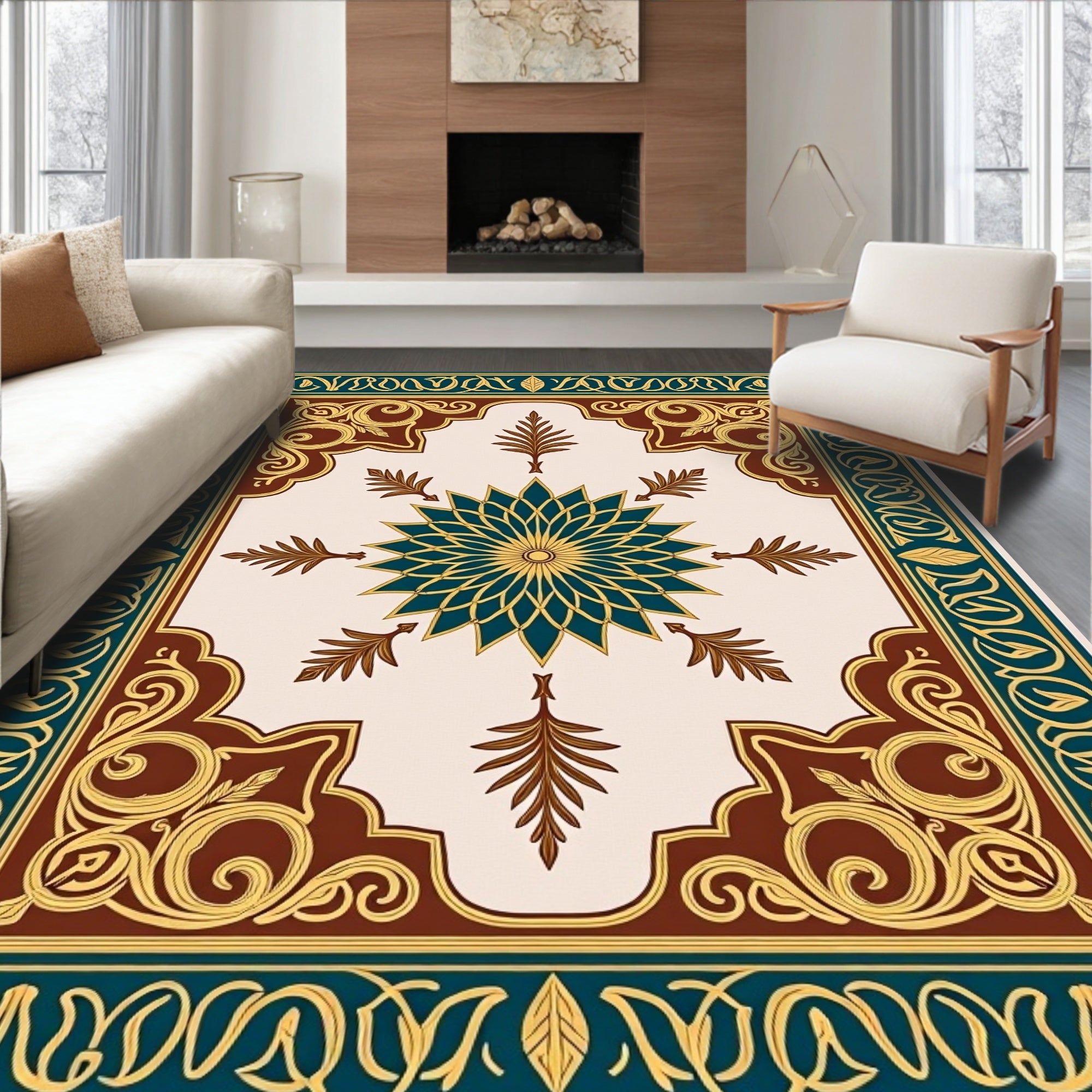 Elegant Teal Gold Floral Medallion Rug
