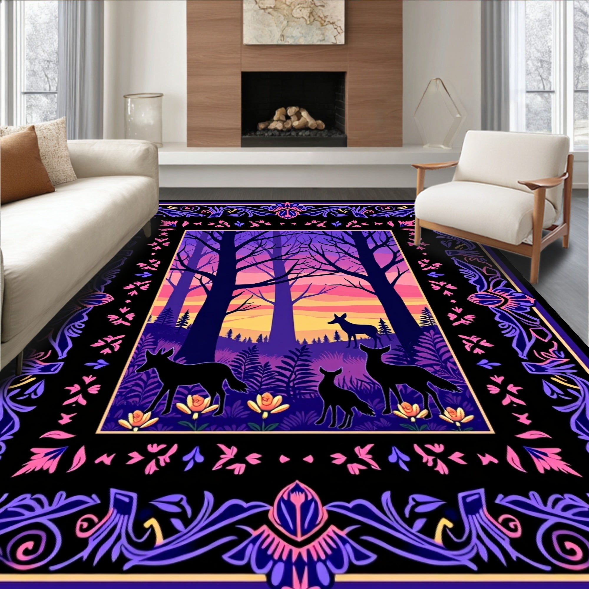 Enchanted Forest animals Bordered Design Rug
