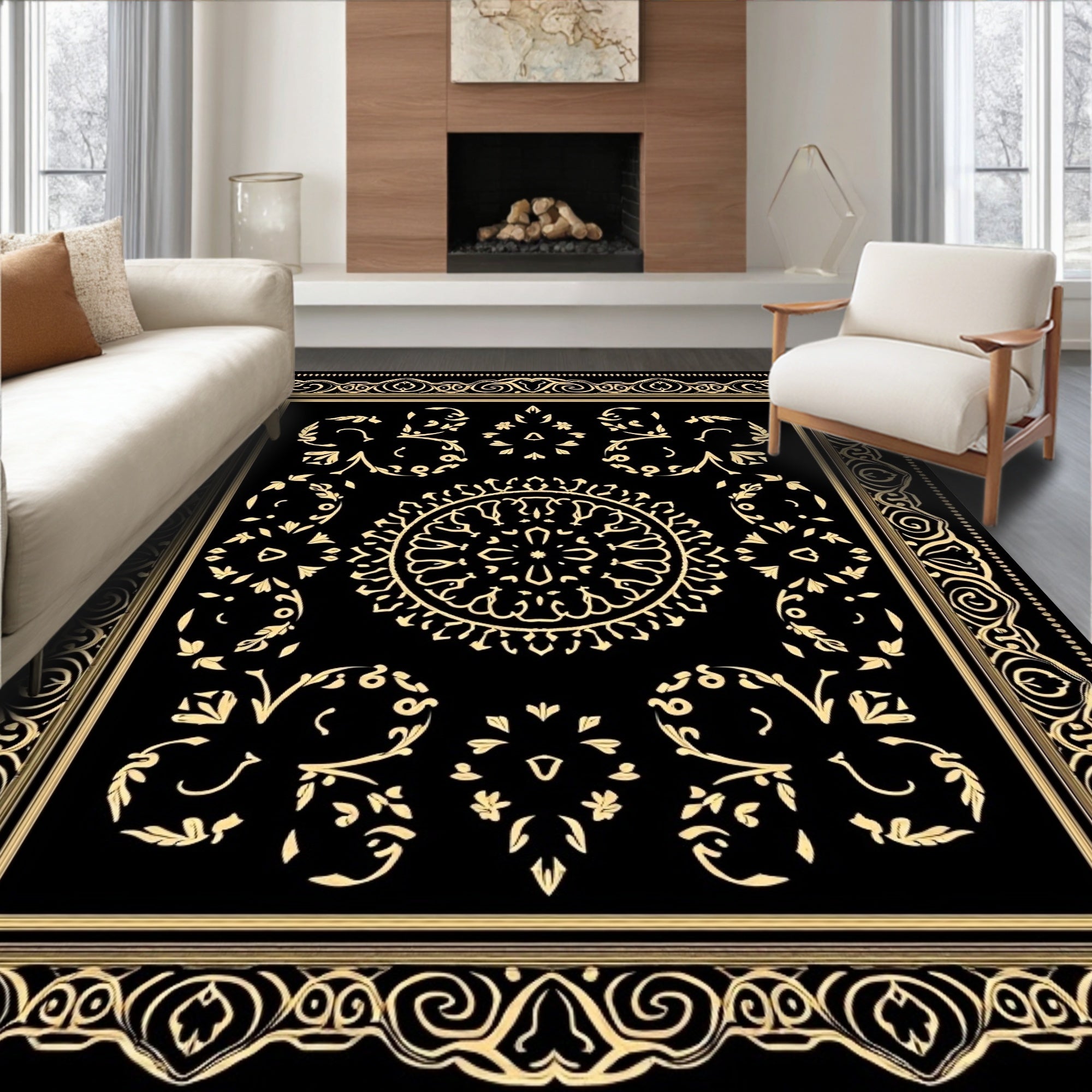 Black Gold Intricate Mandala Design Rug