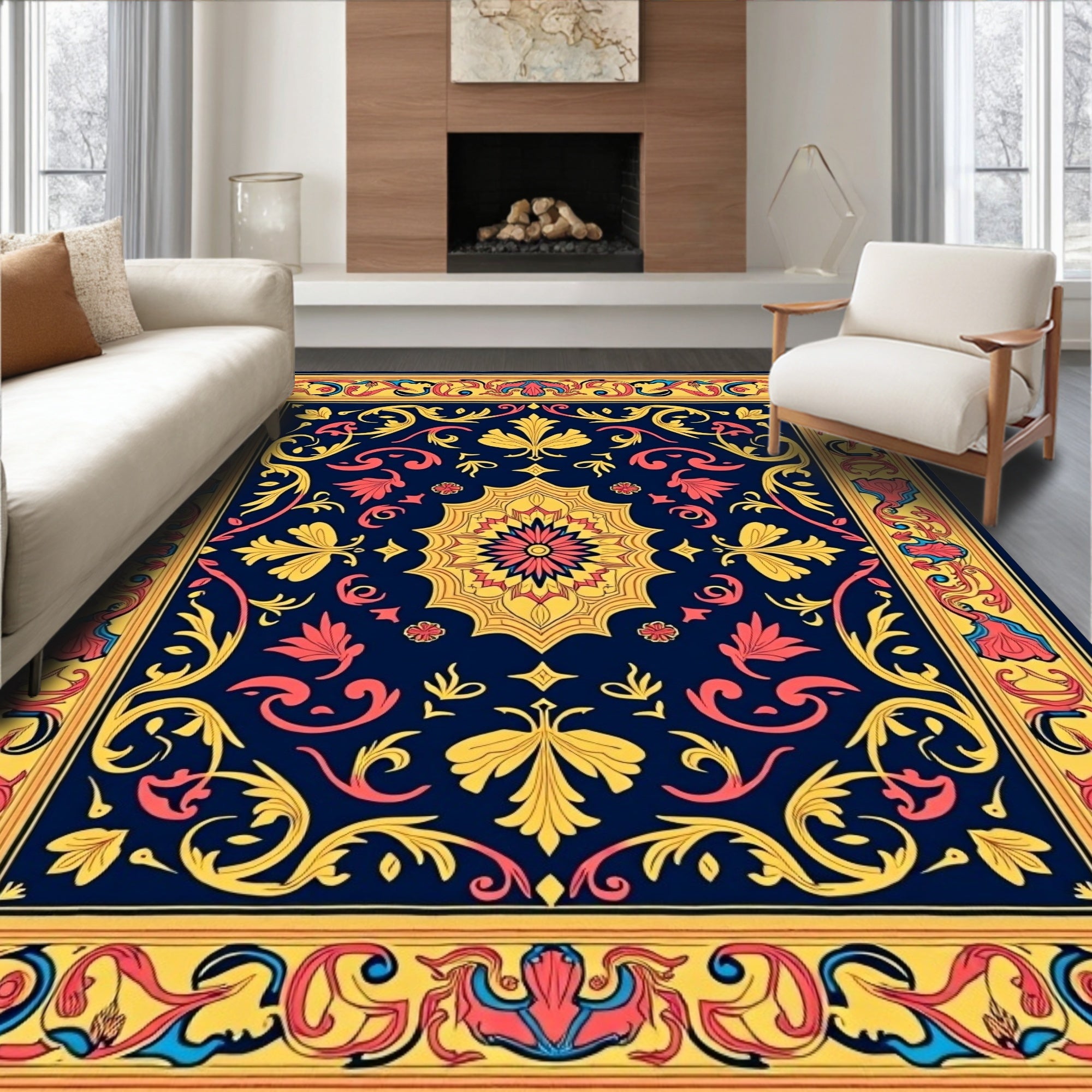 Ornate Floral Medallion Dark Blue Rug