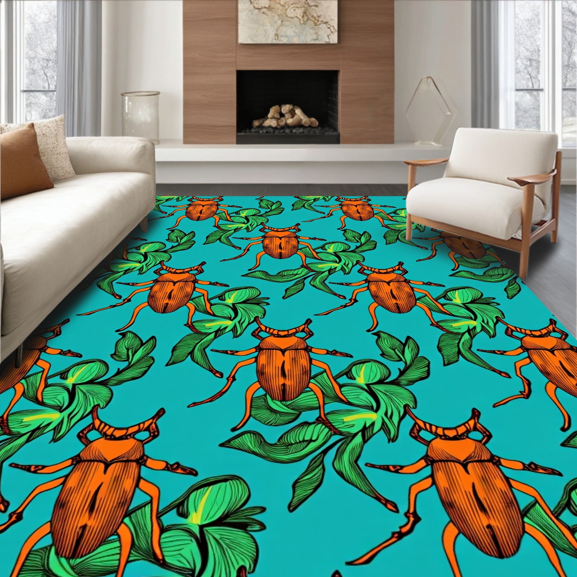 Orange Beetle Green Foliage Teal Background Rug