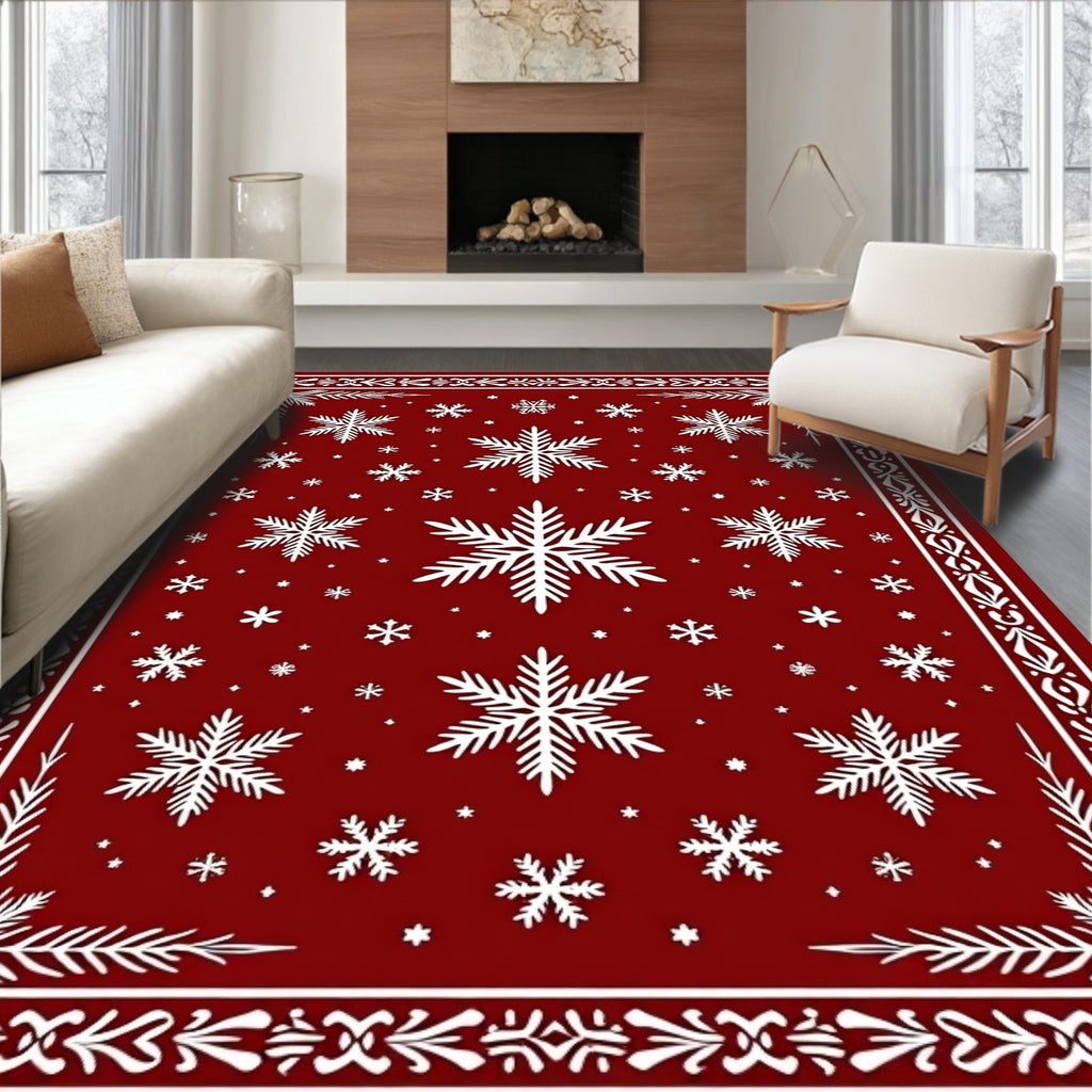 Red Snowflake Wonderland Border Design Rug